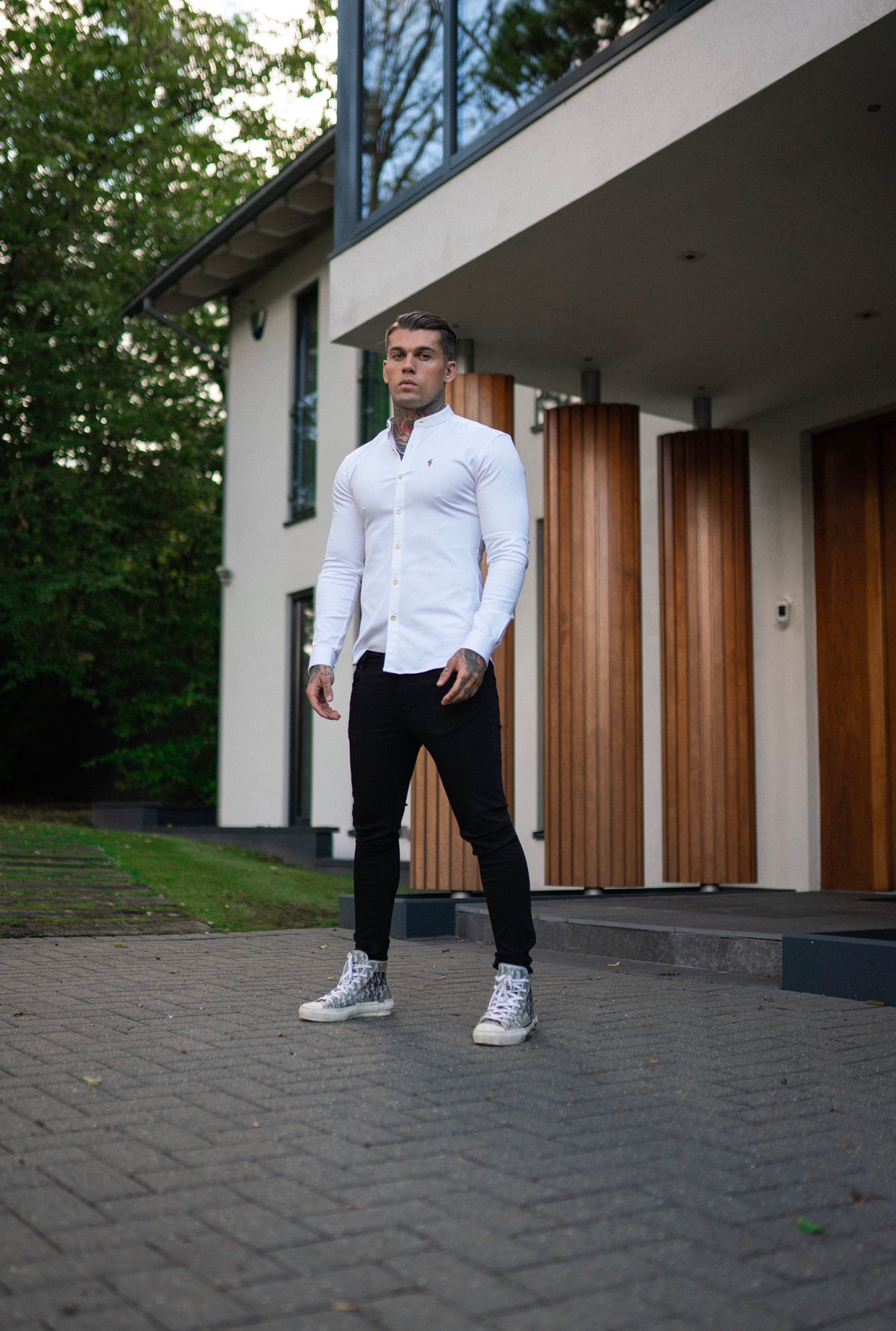 Super Slim Stretch White Denim Long Sleeve Grandad collar with Metal Buttons and Decal Emblem - FS719