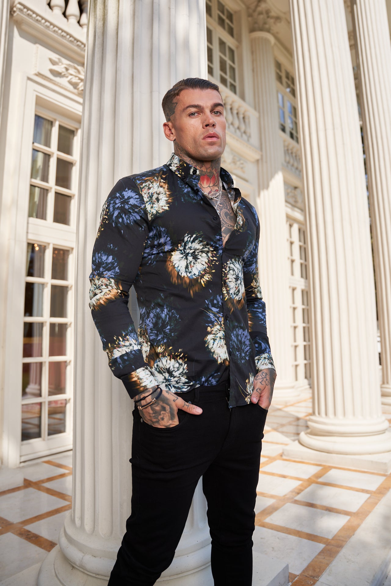 Super Slim Stretch Black Base Blurred Flower Print Long Sleeve with Button Down Collar - FS800