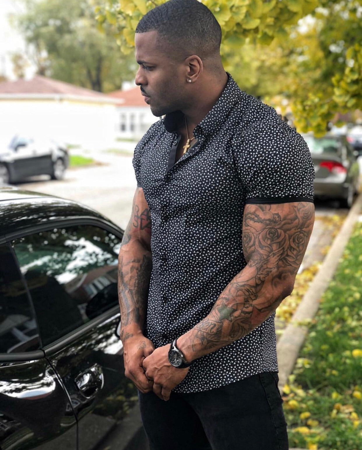 Super Slim Stretch Black & White Dandy Print Short Sleeve FS416