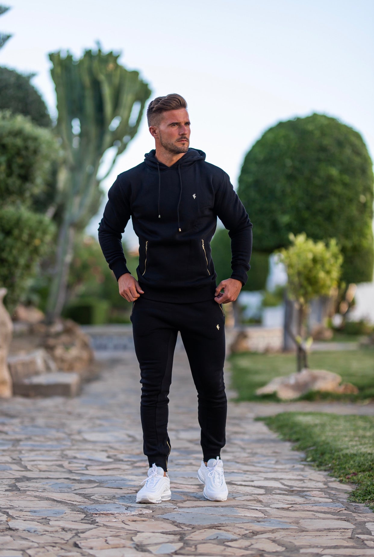 Black & Gold Overhead Hoodie Top with Zipped Pockets - FSH472