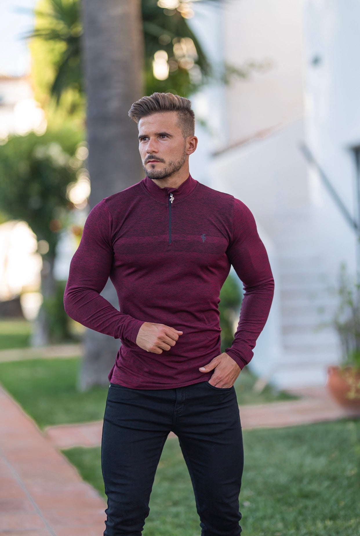 Long sleeve Burgundy / Black half zip gym top - FSM030