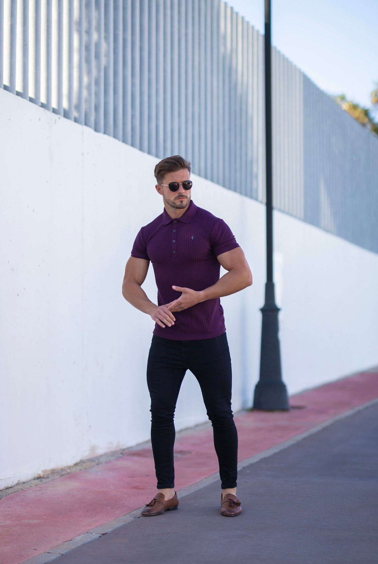 Classic Plum Ribbed Polo Shirt Short Sleeve with Black Metal Emblem Decal & Buttons- FSH585