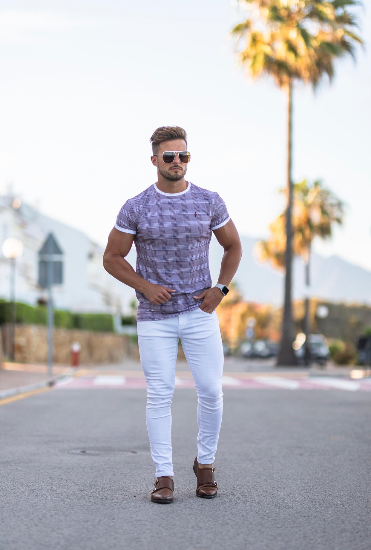 Prince of Wales Burgundy & White Check Crew T Shirt - FSH443