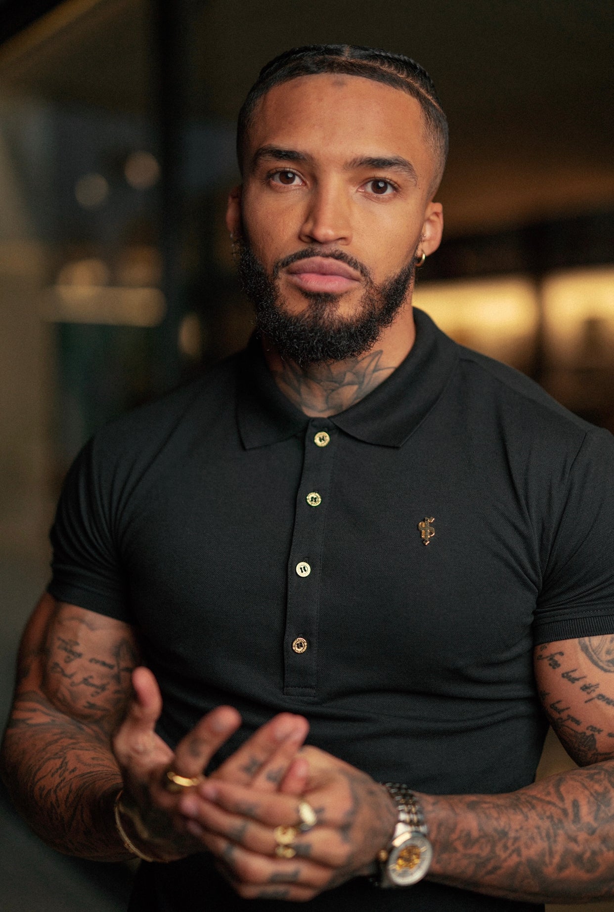 Classic Black Polo Shirt with Gold Metal Emblem Decal & Buttons - FSH458