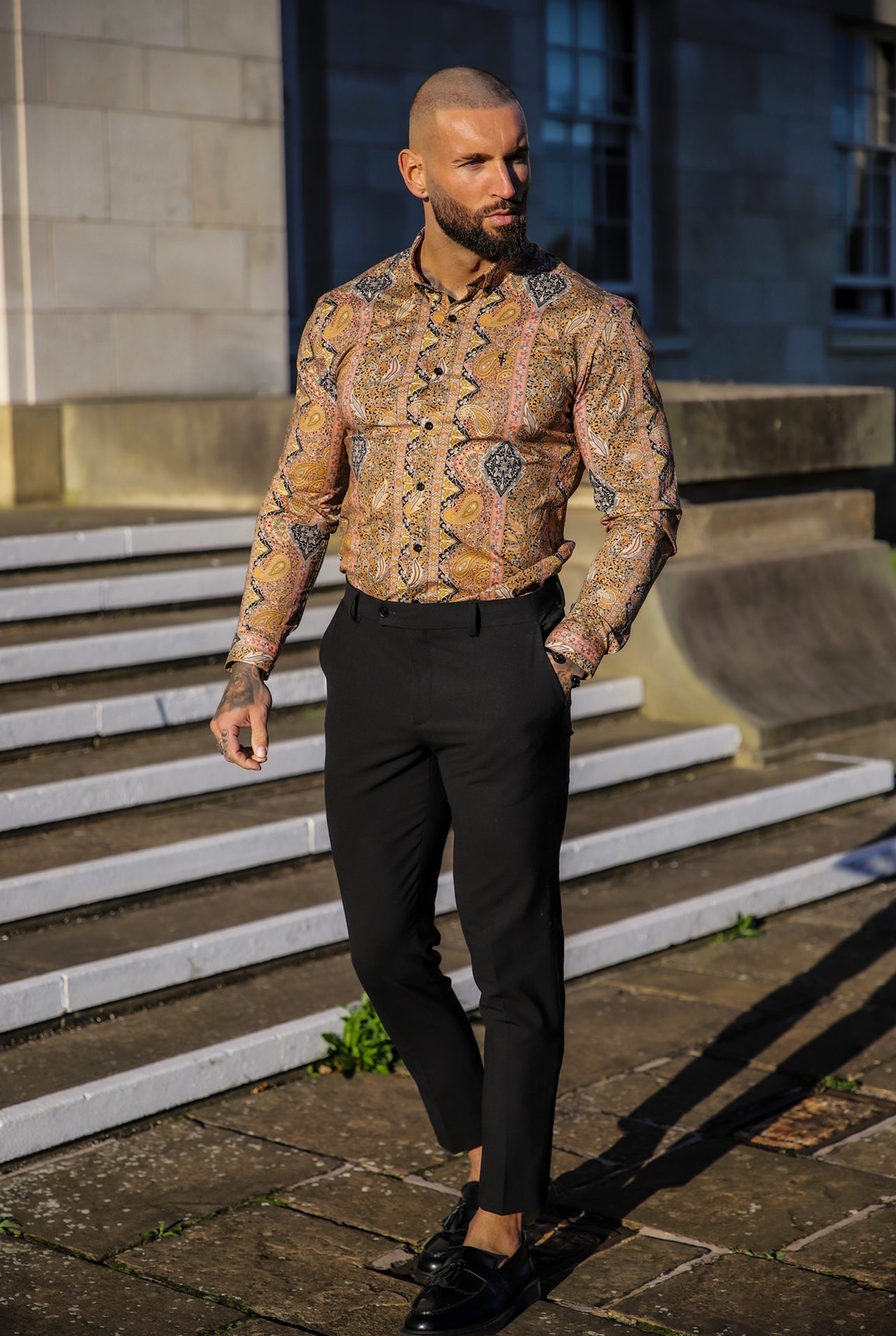 Super Slim Stretch Tan Paisley Print Long Sleeve with Button Down Collar - FS892