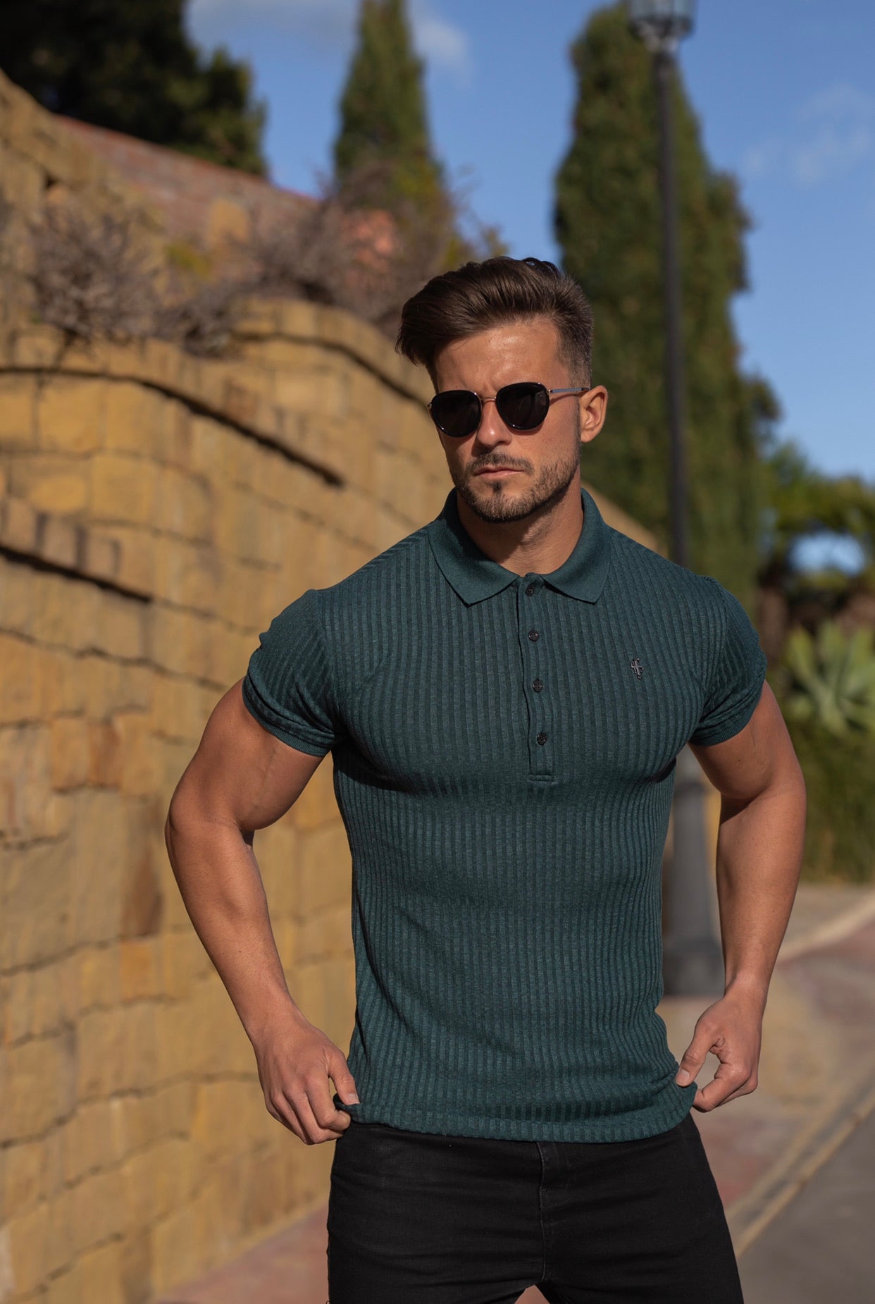 Classic Forest Green Ribbed Polo Shirt Short Sleeve with Black Metal Emblem Decal & Buttons- FSH584