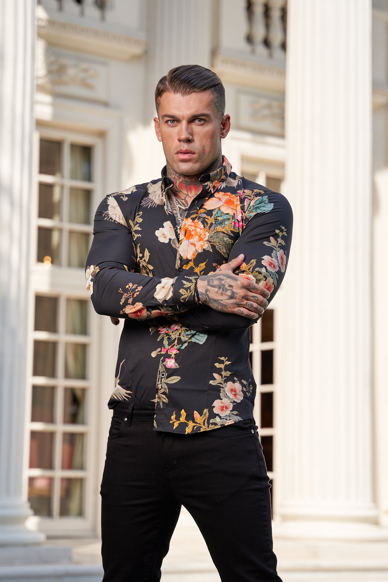 Super Slim Stretch Black Crane Print Long Sleeve with Button Down Collar - FS772