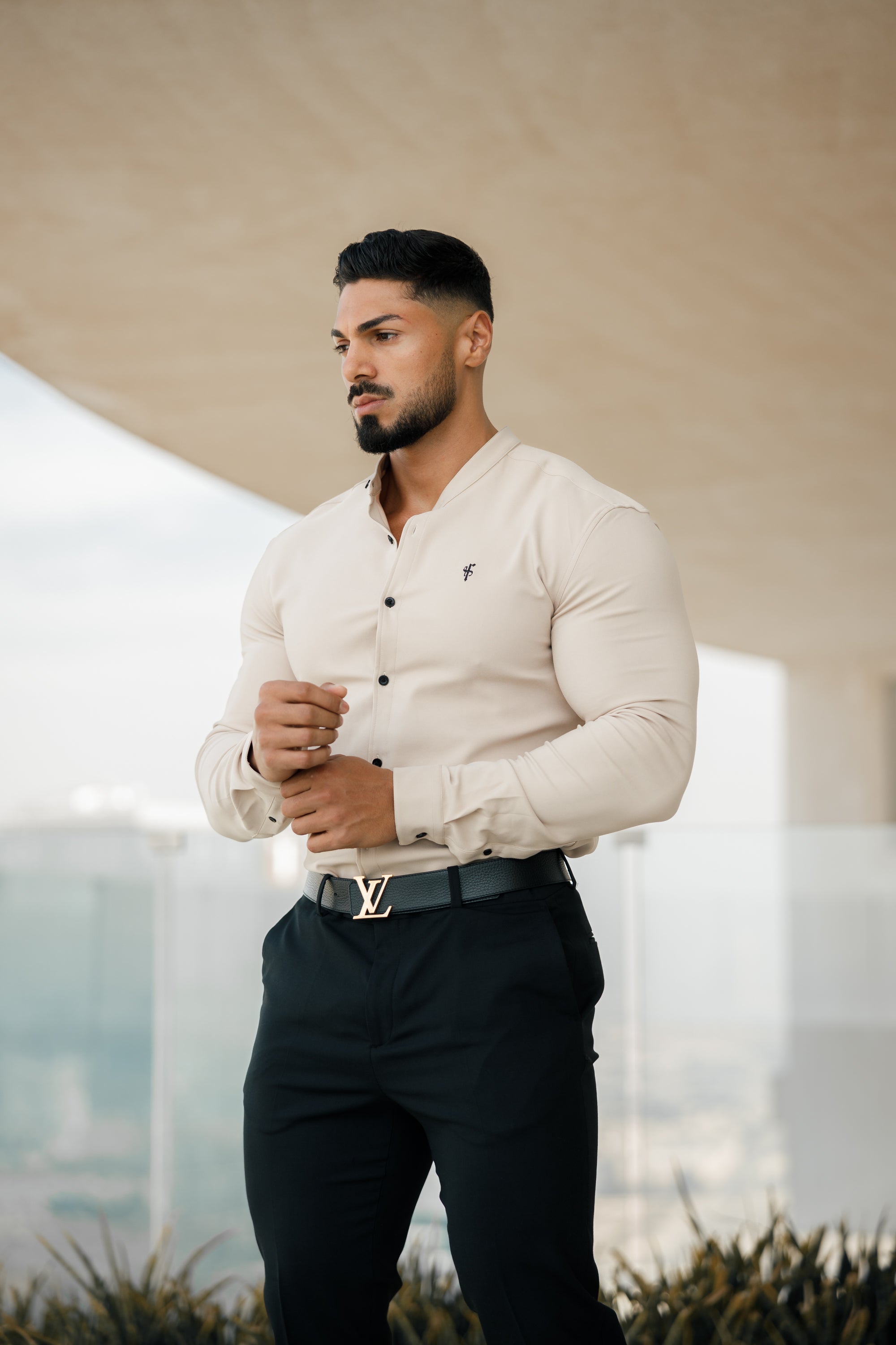 Super Slim Scuba Beige Long Sleeve Stretch with Grandad Collar - FS941