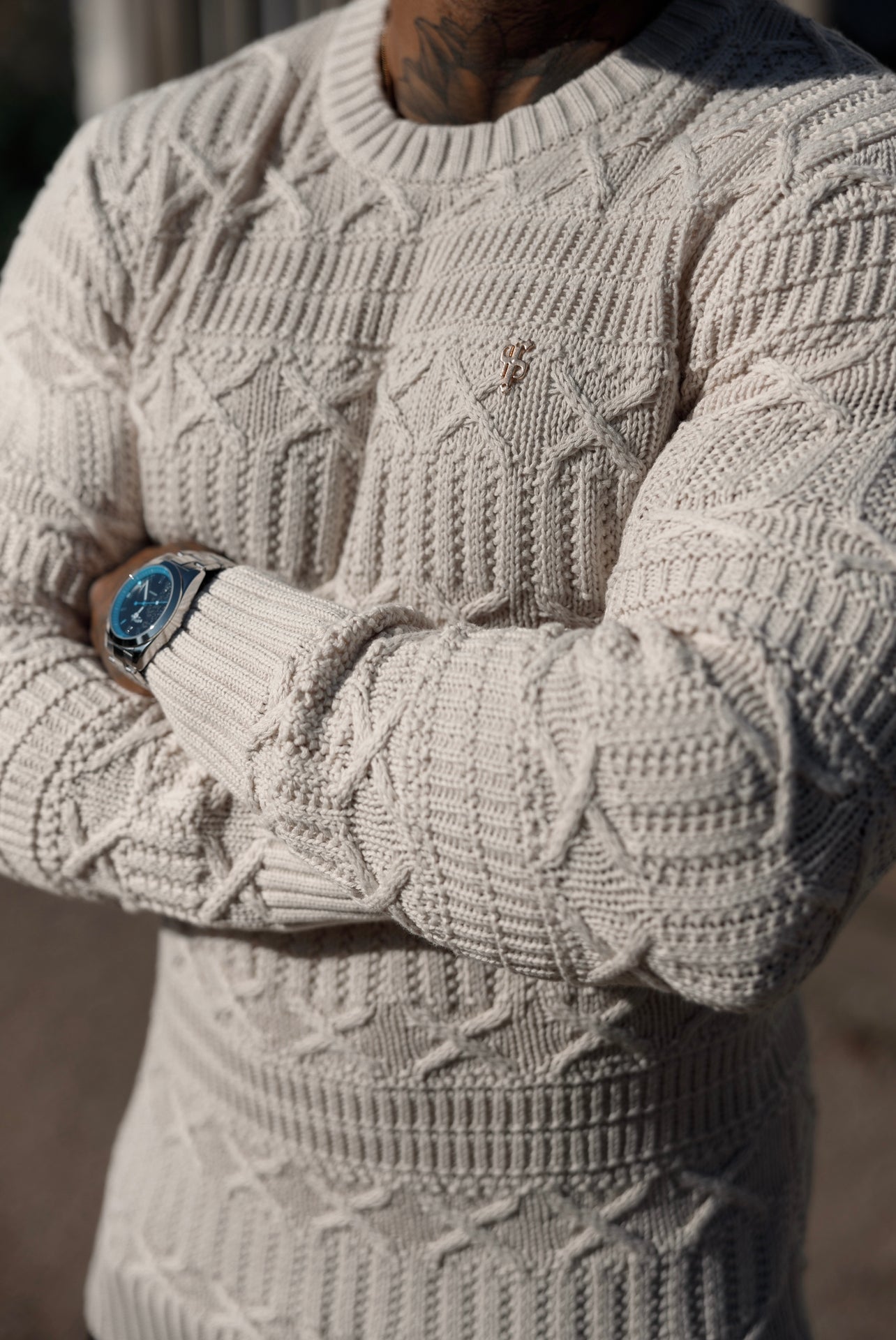 Oatmeal Knitted Cable Link Crew Super Slim Jumper With Metal Decal - FSN071