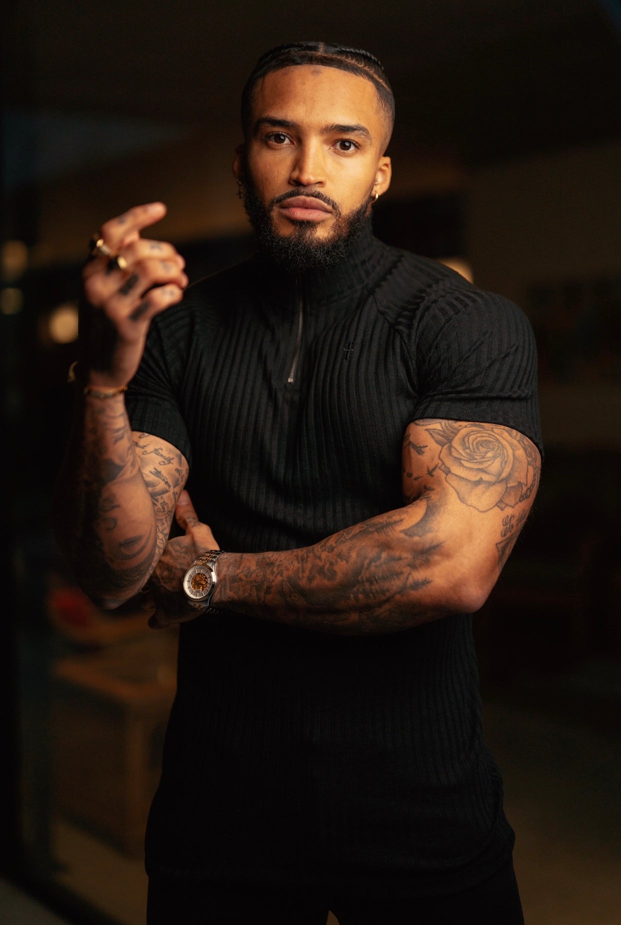 Classic Black Ribbed Zip Funnel Neck Raglan Short Sleeve Crew - FSH729