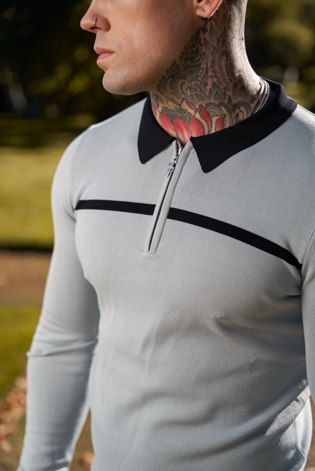 Classic Silver Grey / Black Horizontal Stripe Zipped Polo Long Sleeve - FSN049