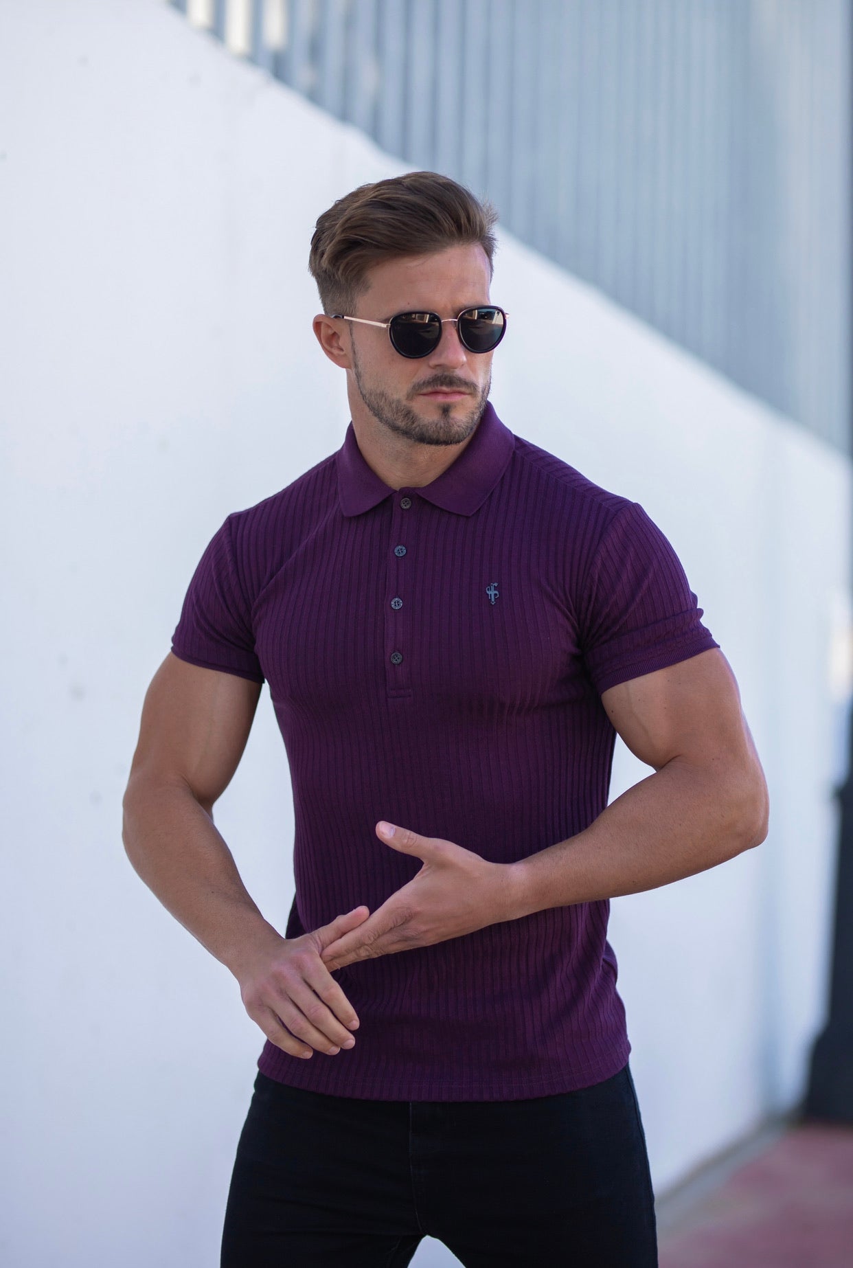 Classic Plum Ribbed Polo Shirt Short Sleeve with Black Metal Emblem Decal & Buttons- FSH585