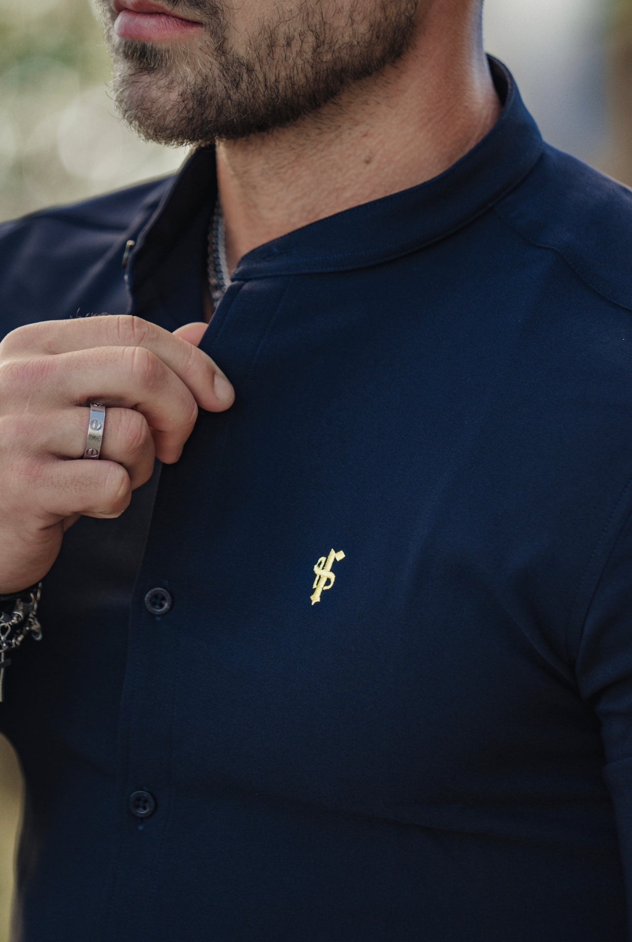 Super Slim Scuba Navy Long Sleeve Stretch With Grandad Collar - FS934