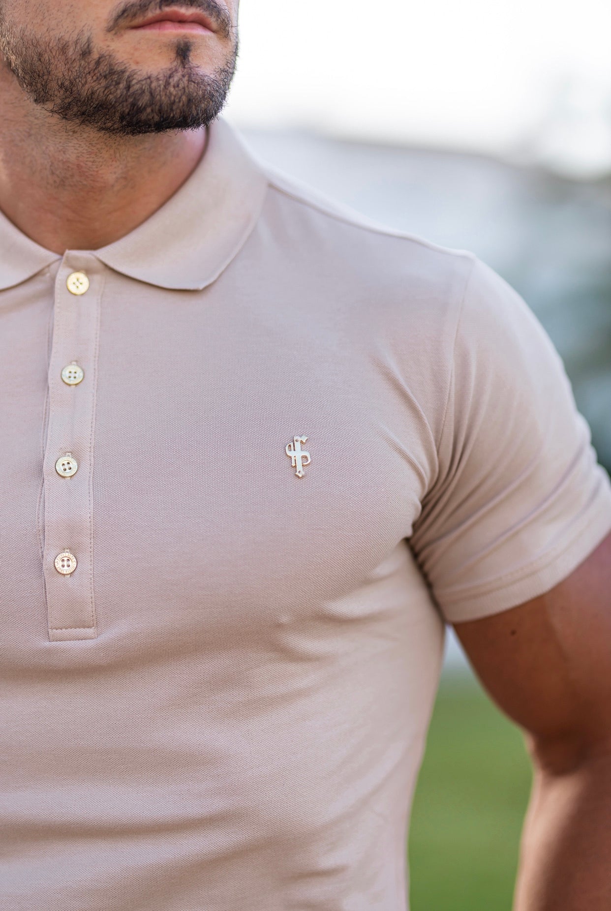 Classic Beige Polo Shirt with Gold Metal Emblem Decal & Buttons - FSH457