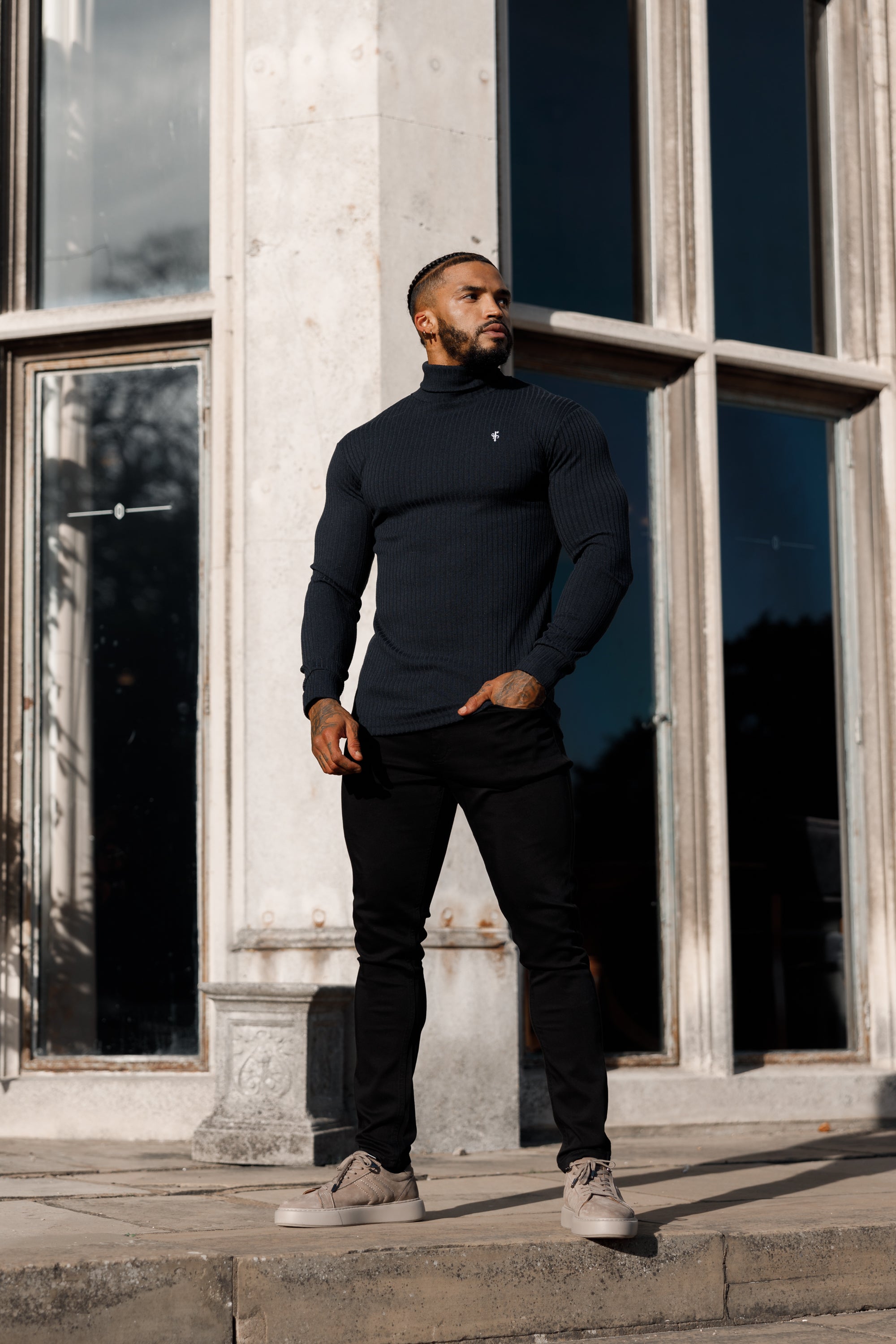 Classic Navy Ribbed Knit Roll neck Jumper - FSH778