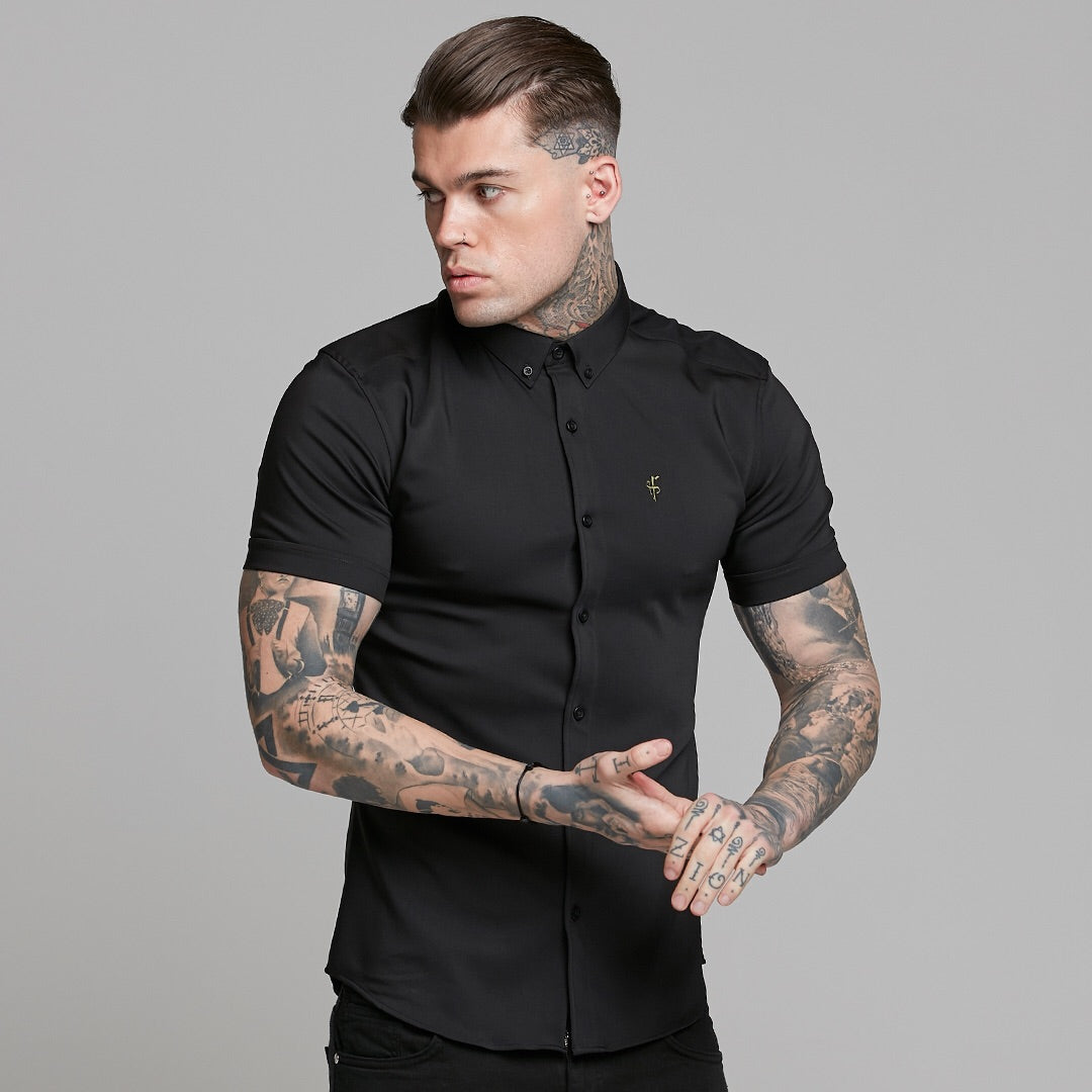 Super Slim Ultra Stretch Classic Black Short Sleeve (Khaki Embroidery) - FS481