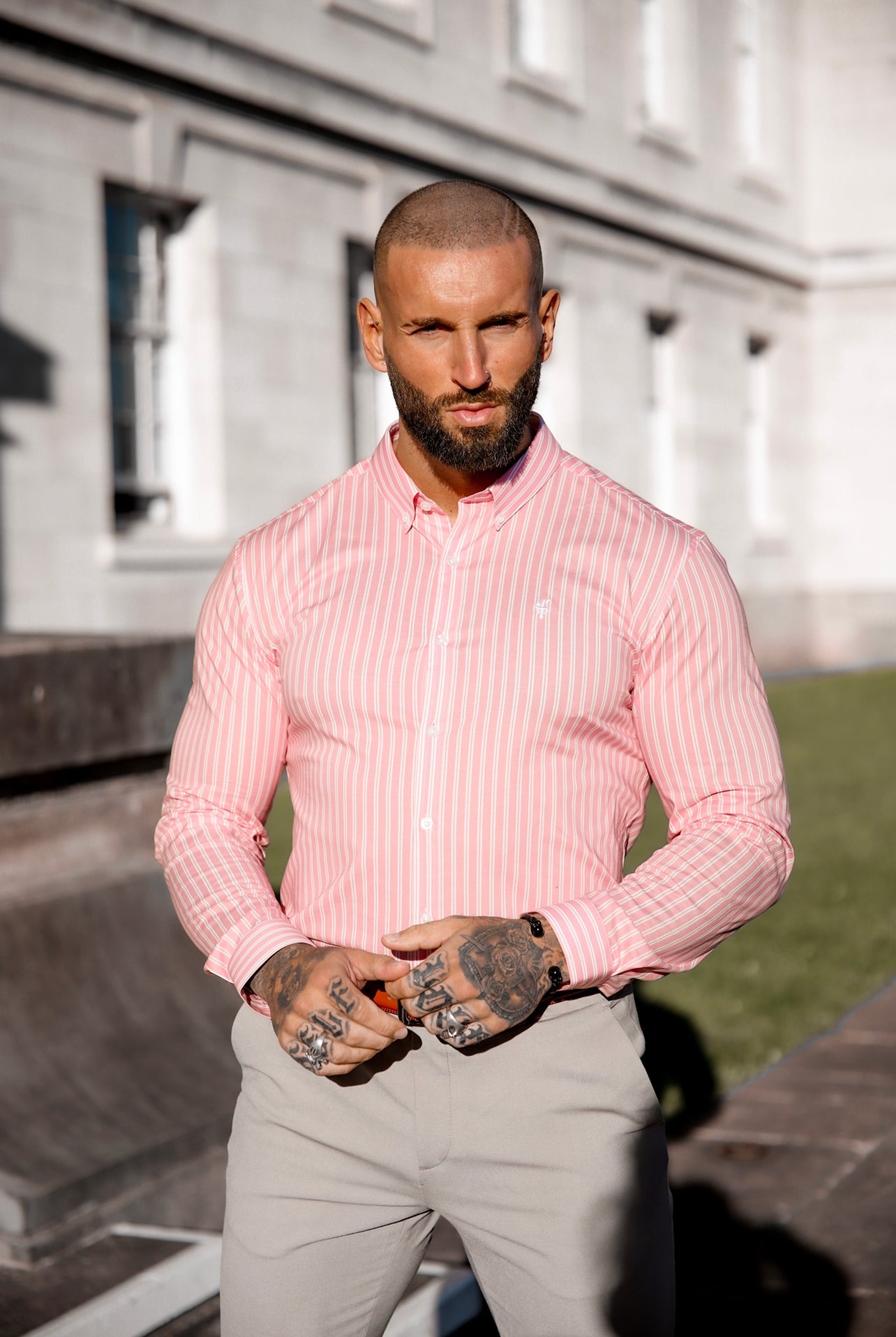 Super Slim Stretch White / Pink Stripe Print Long Sleeve with Button Down Collar - FS888