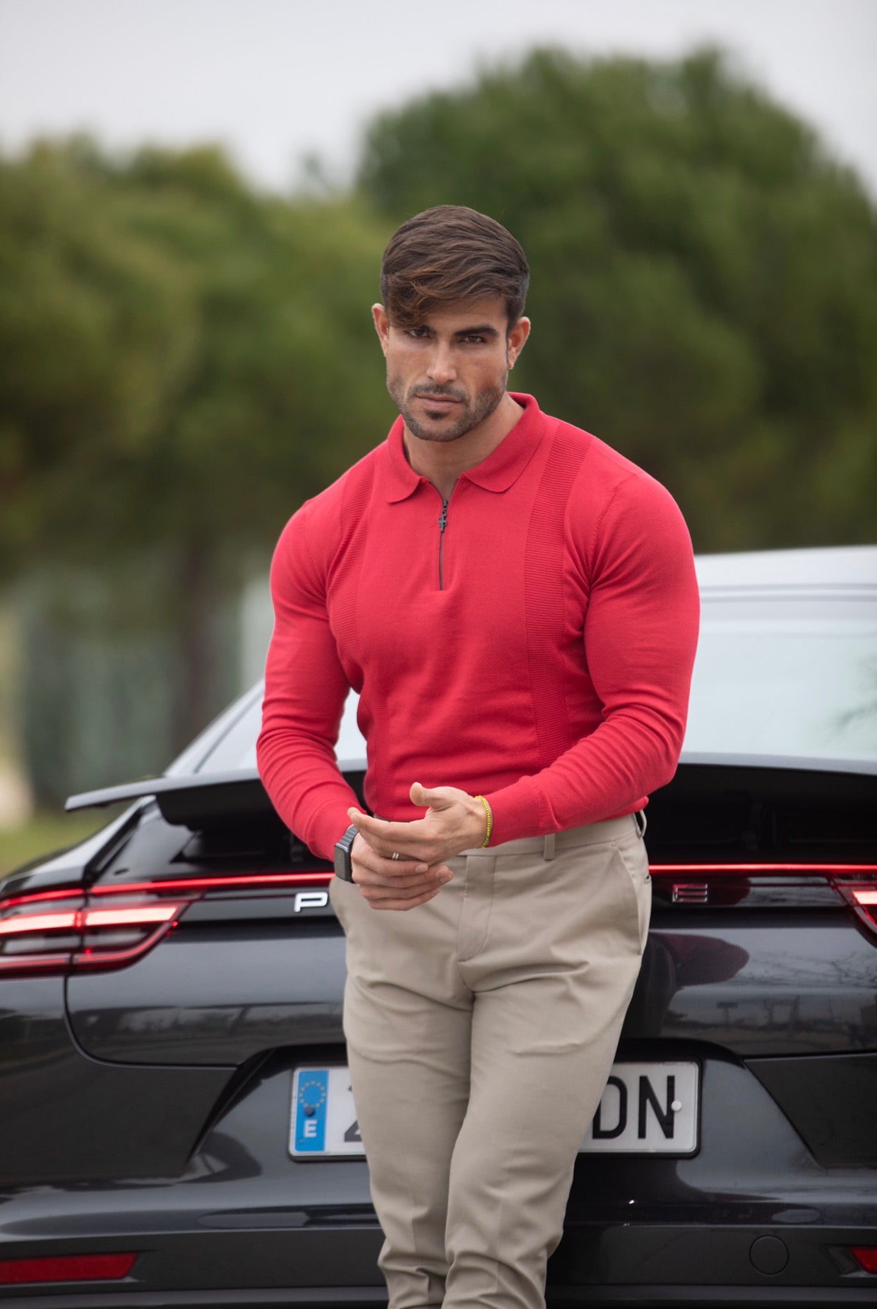Classic Poppy Red and Black Zip Knitted Long Sleeve Polo Shirt - FSH567