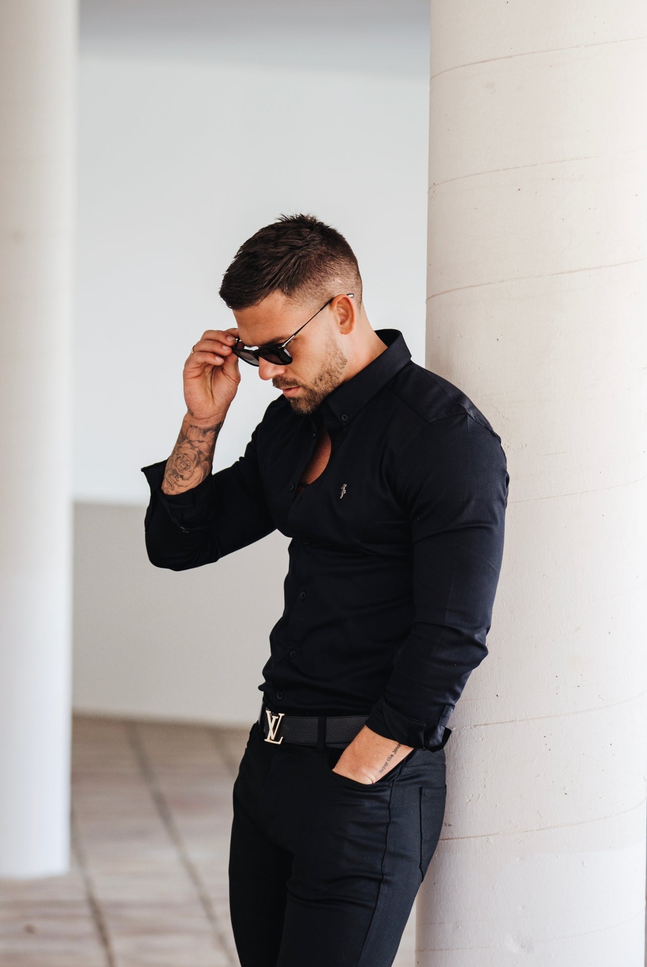 Super Slim Stretch Black Denim Long Sleeve with Metal Decal Emblem - FS642