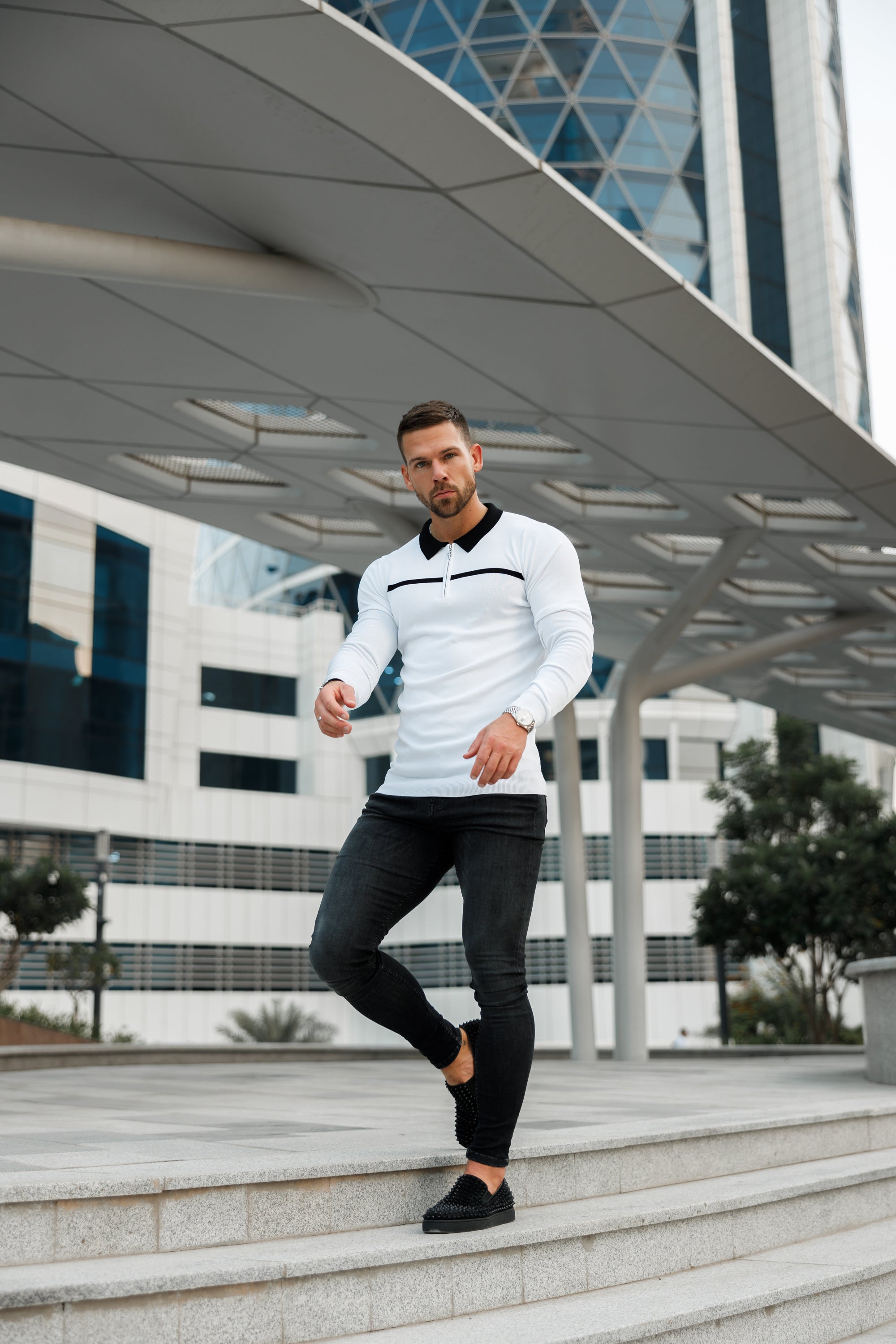 Classic White / Black Horizontal Stripe Zipped Polo Long Sleeve - FSN050