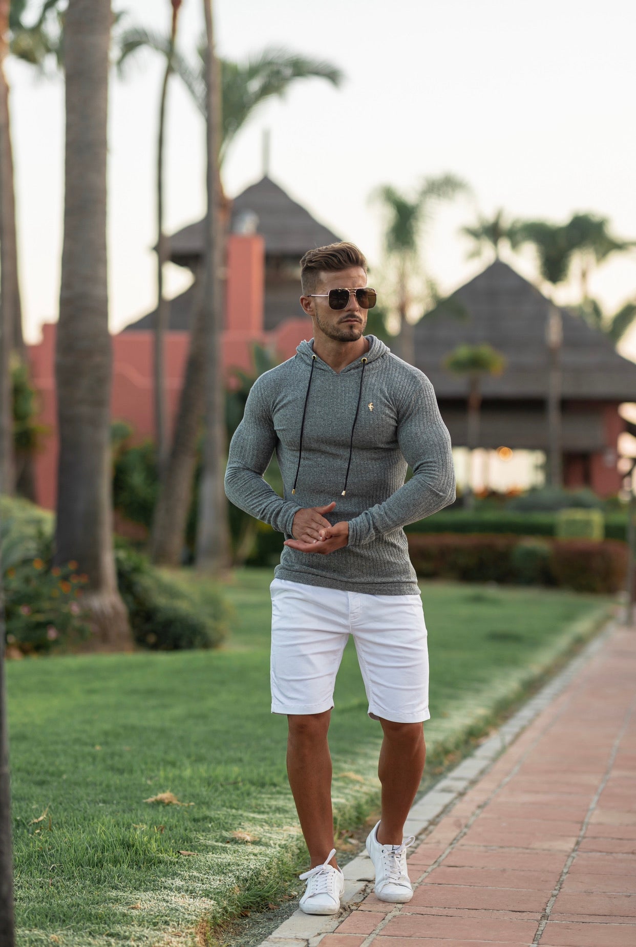 Classic Pale Sage Green / Gold Ribbed Knit Hoodie Jumper - FSH510