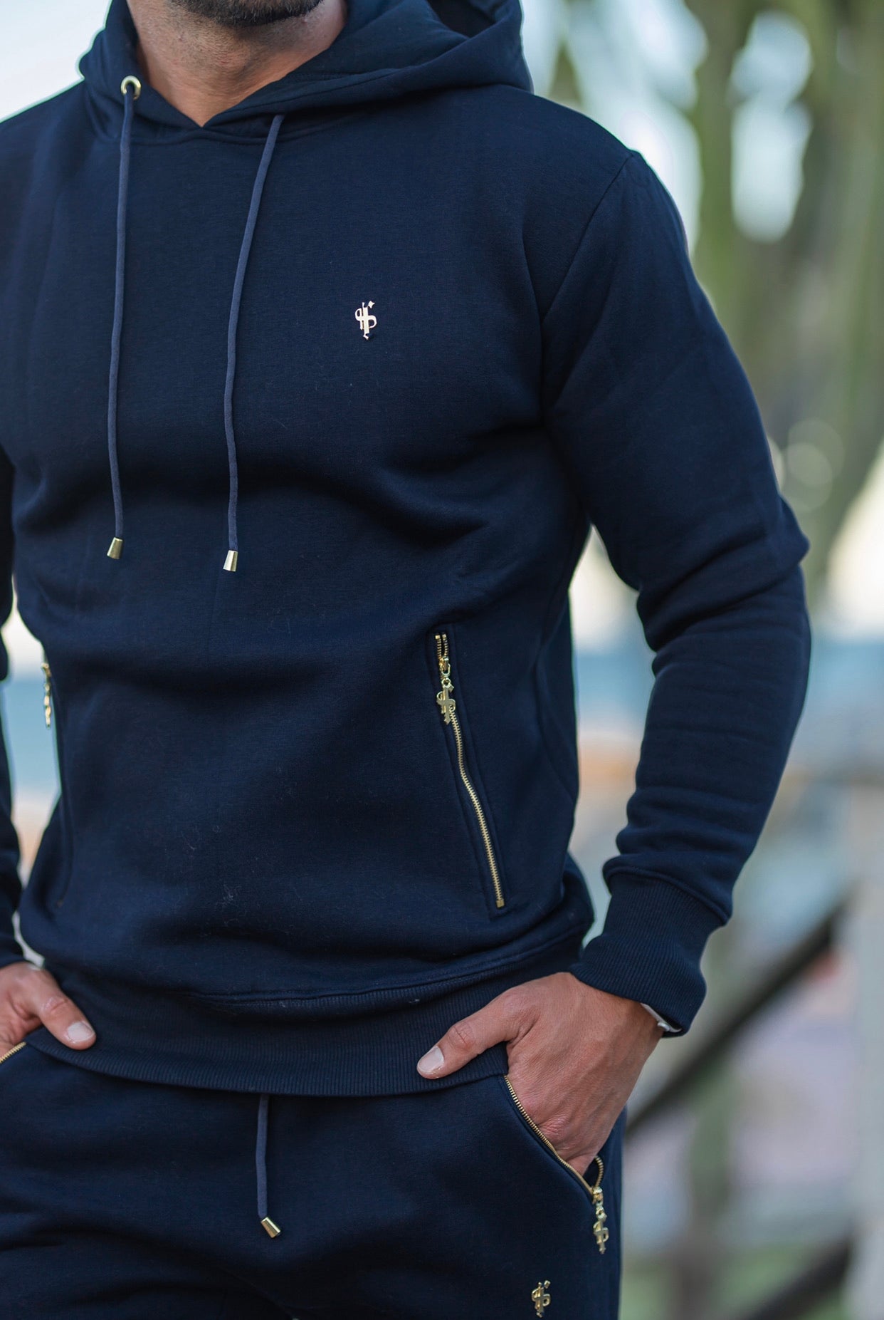 Navy & Gold Tapered Bottoms with Ankle Zip Detail - FSH476