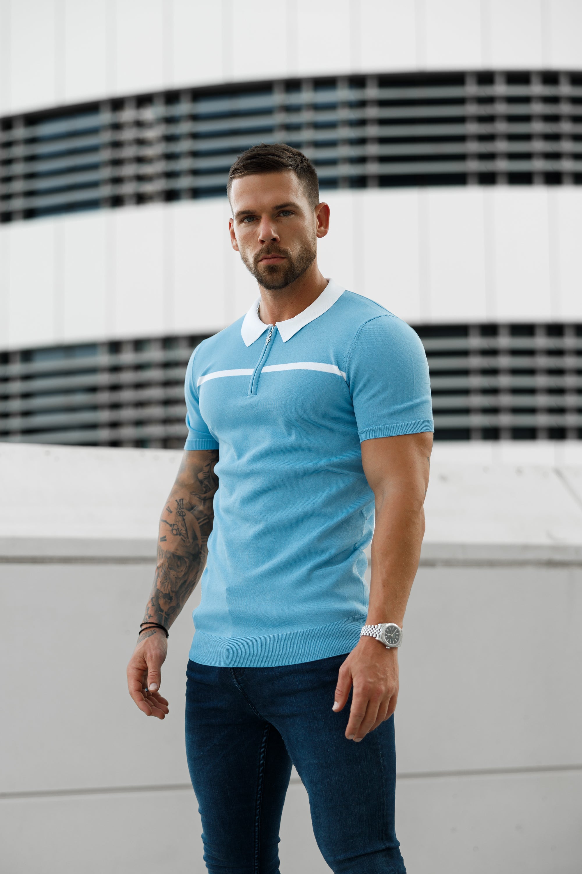 Classic Sky Blue / White Horizontal Stripe Zipped Polo Short Sleeve - FSN058