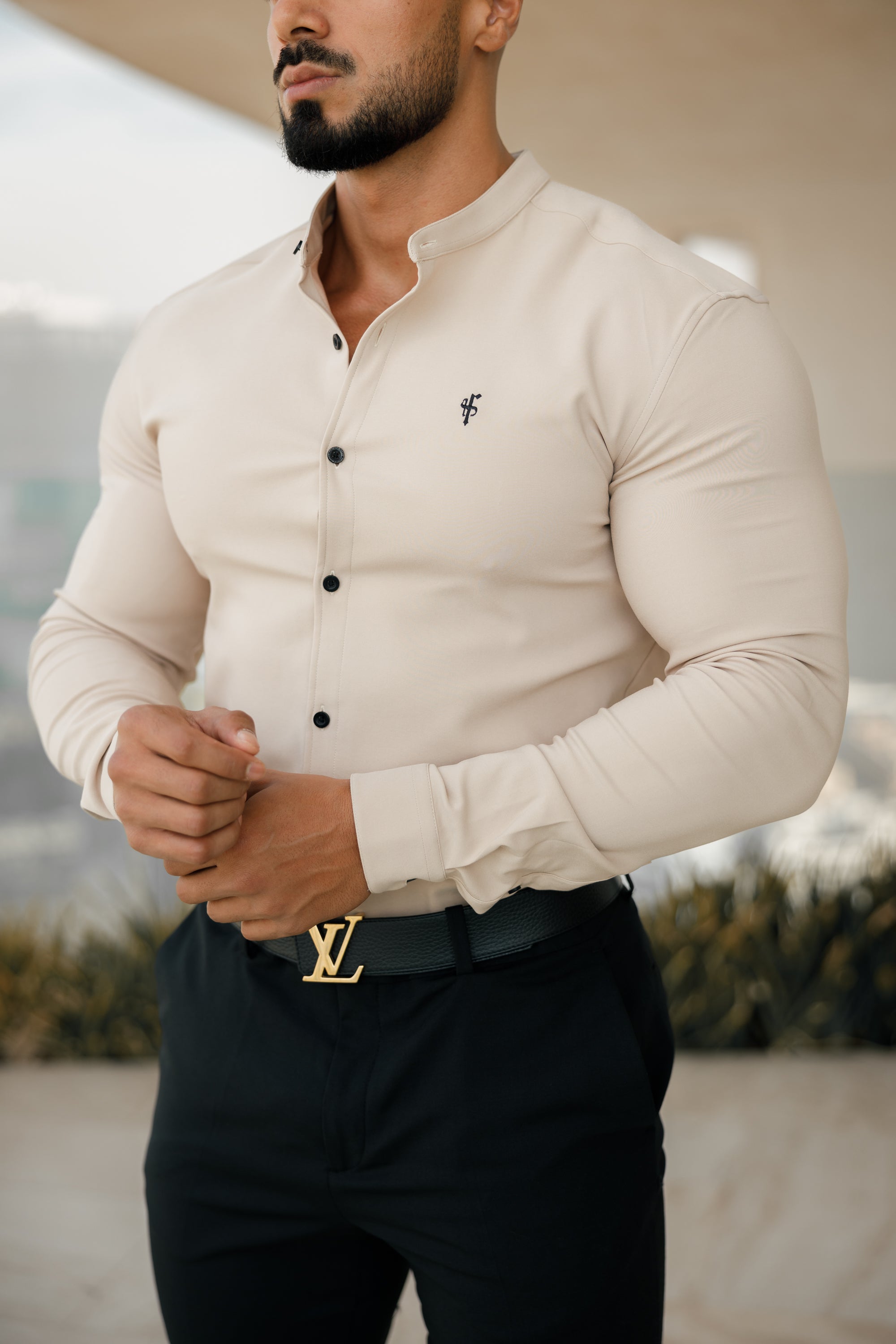 Super Slim Scuba Beige Long Sleeve Stretch with Grandad Collar - FS941