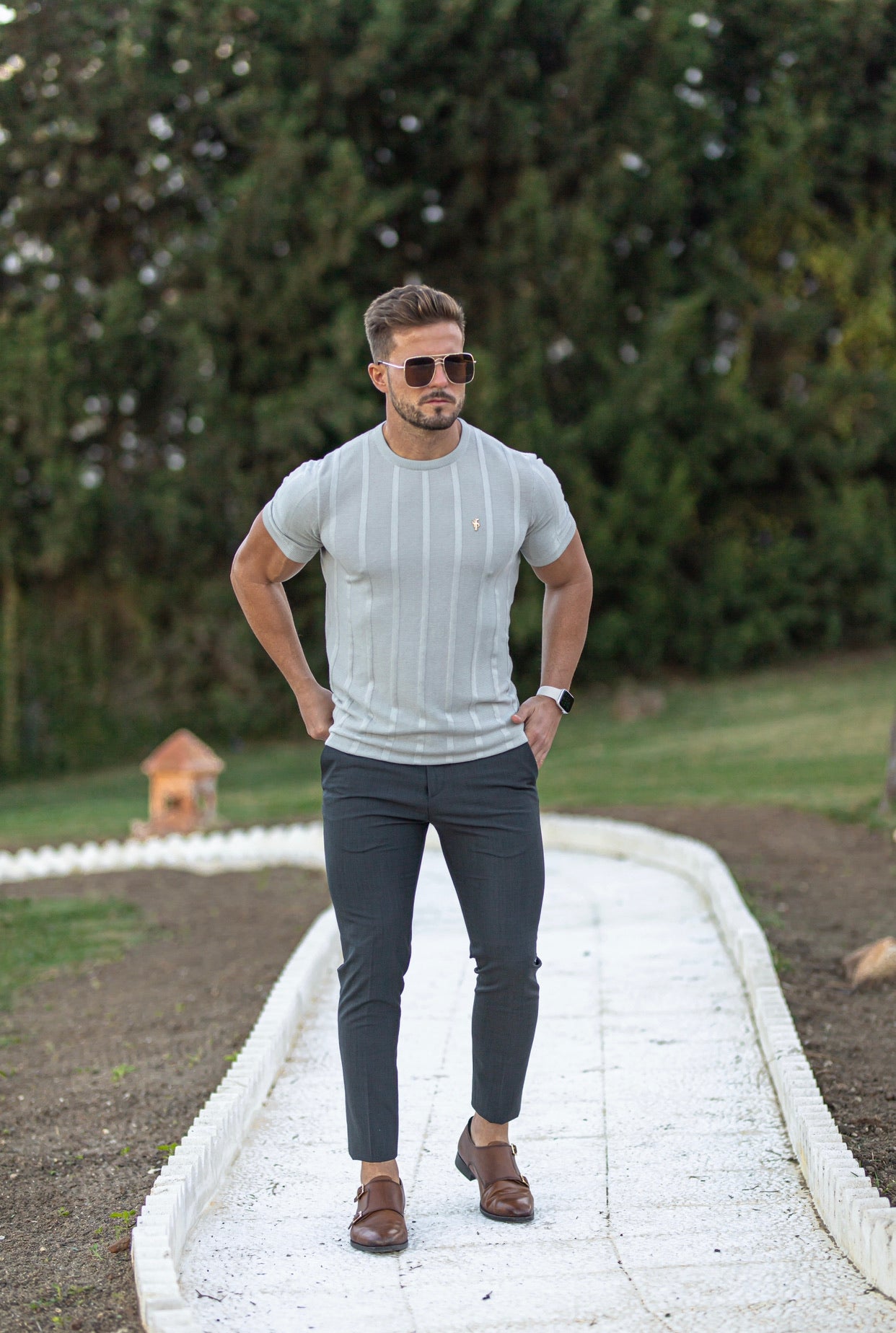 Classic Short Sleeve Light Grey Knitted Wide Rib Crew with Gold Emblem - FSH560