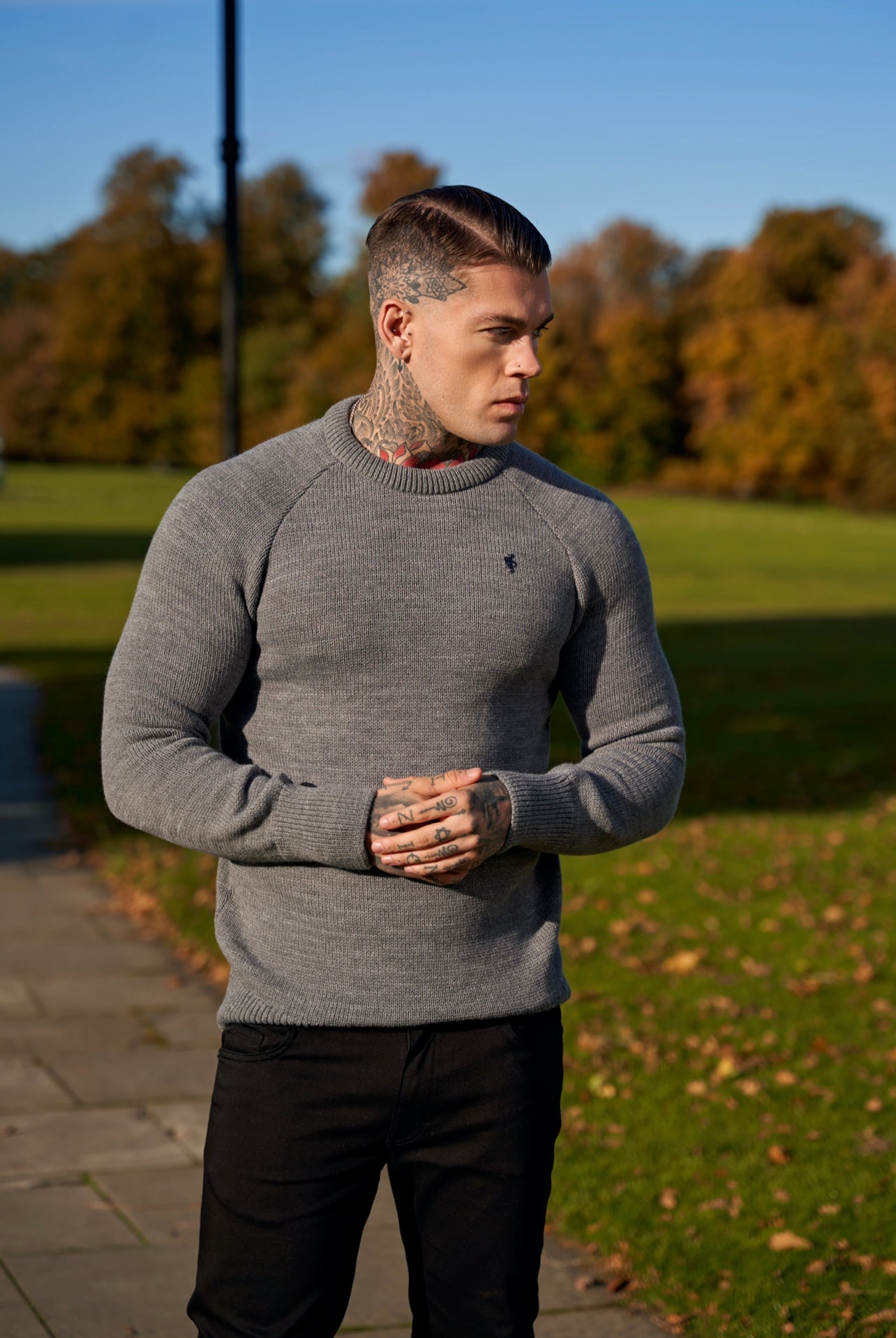 Grey Knitted Raglan Crew Super Slim Jumper With Metal Decal - FSJ054