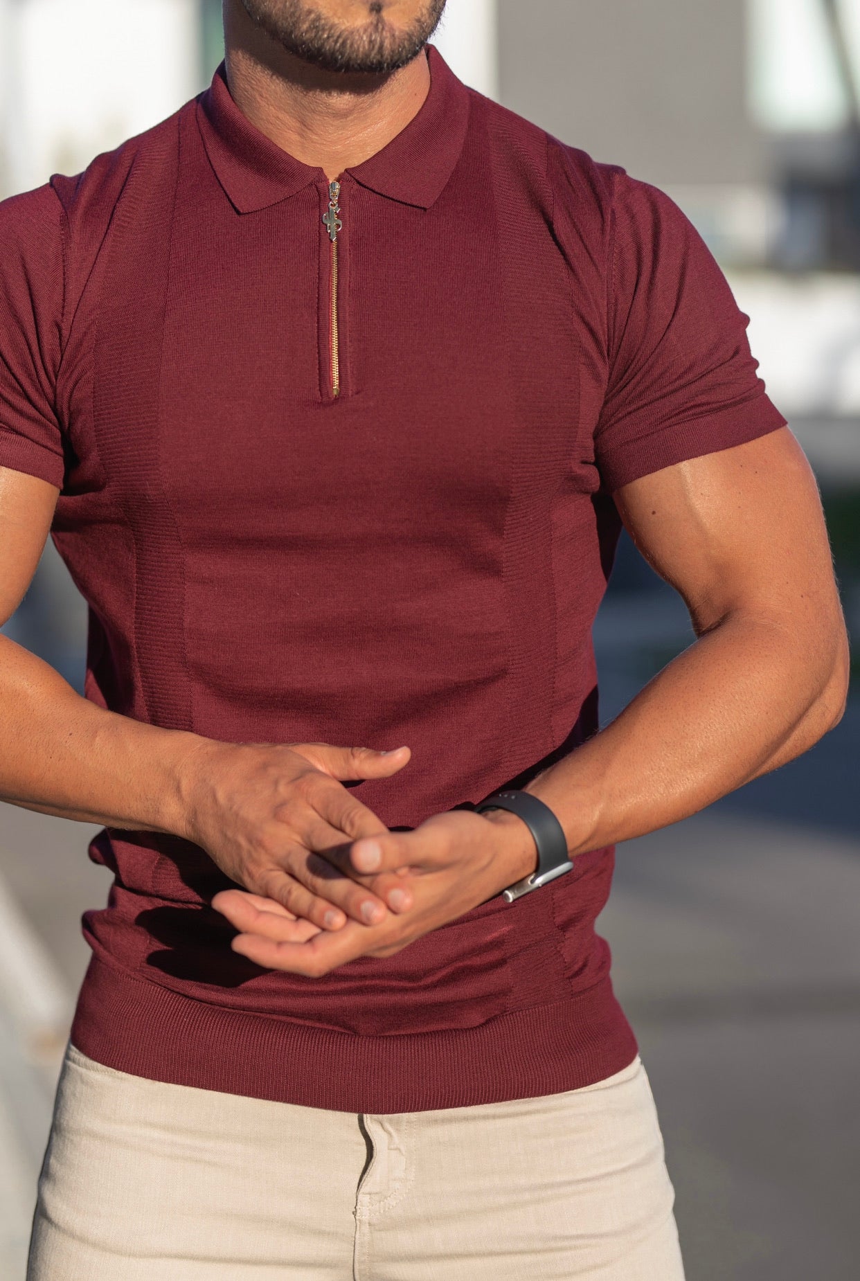Classic Fig Burgundy and Gold Zip Knitted Short Sleeve Polo - FSH466