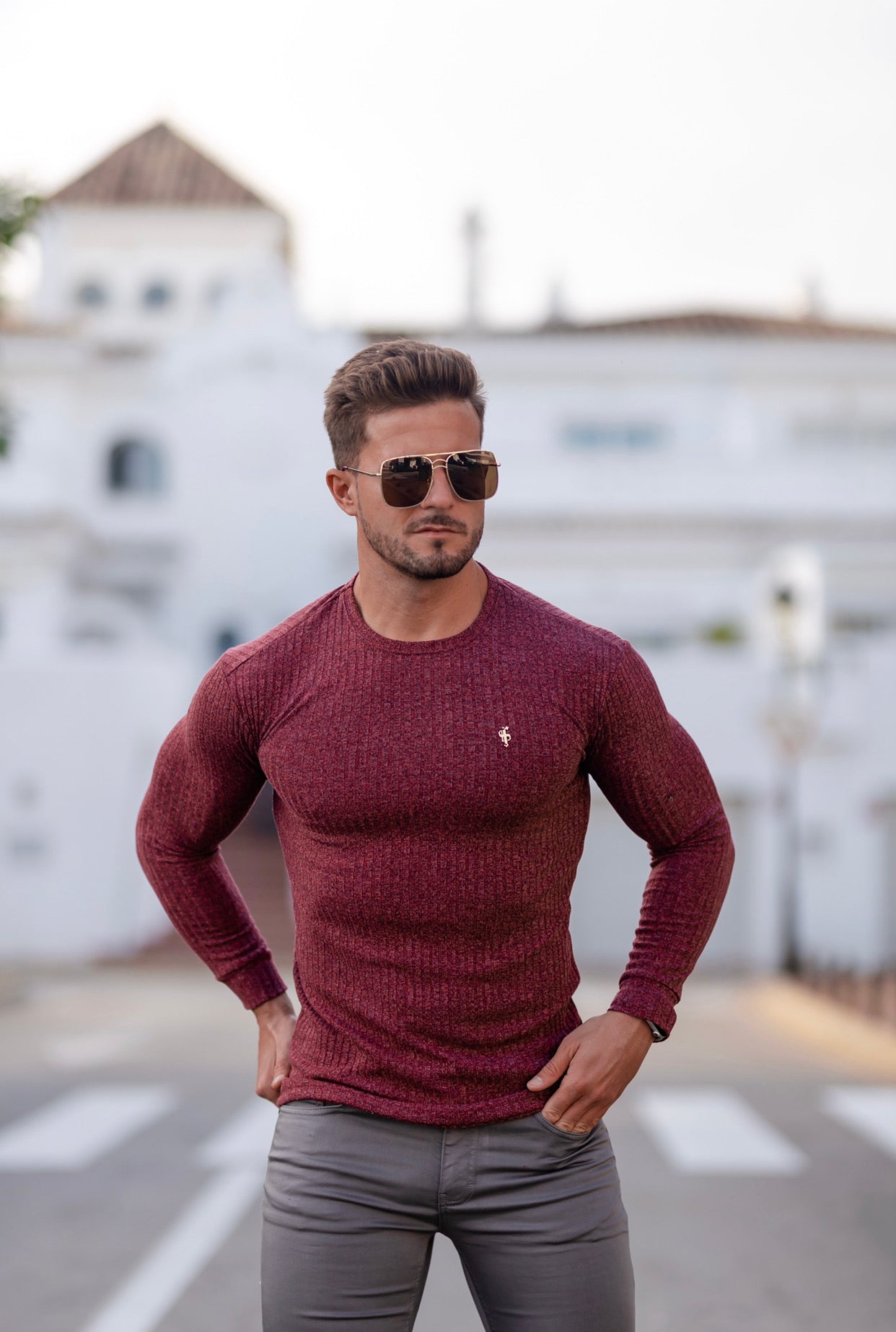 Classic Claret Ribbed Knit Jumper With Gold Metal Emblem - FSH538