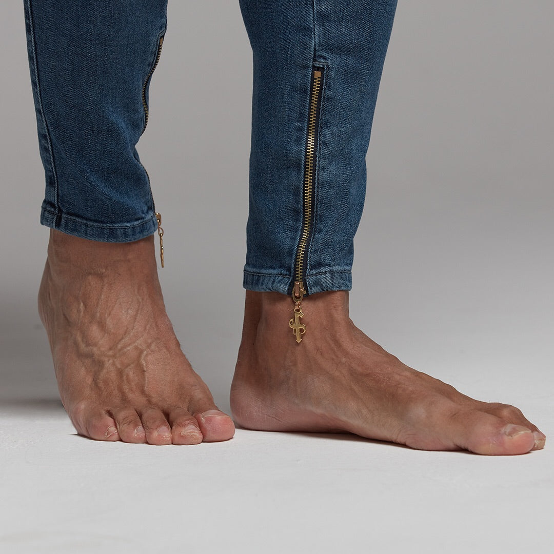 Zipped Ankle Plain Slim Stretch Blue Jeans - FSH181