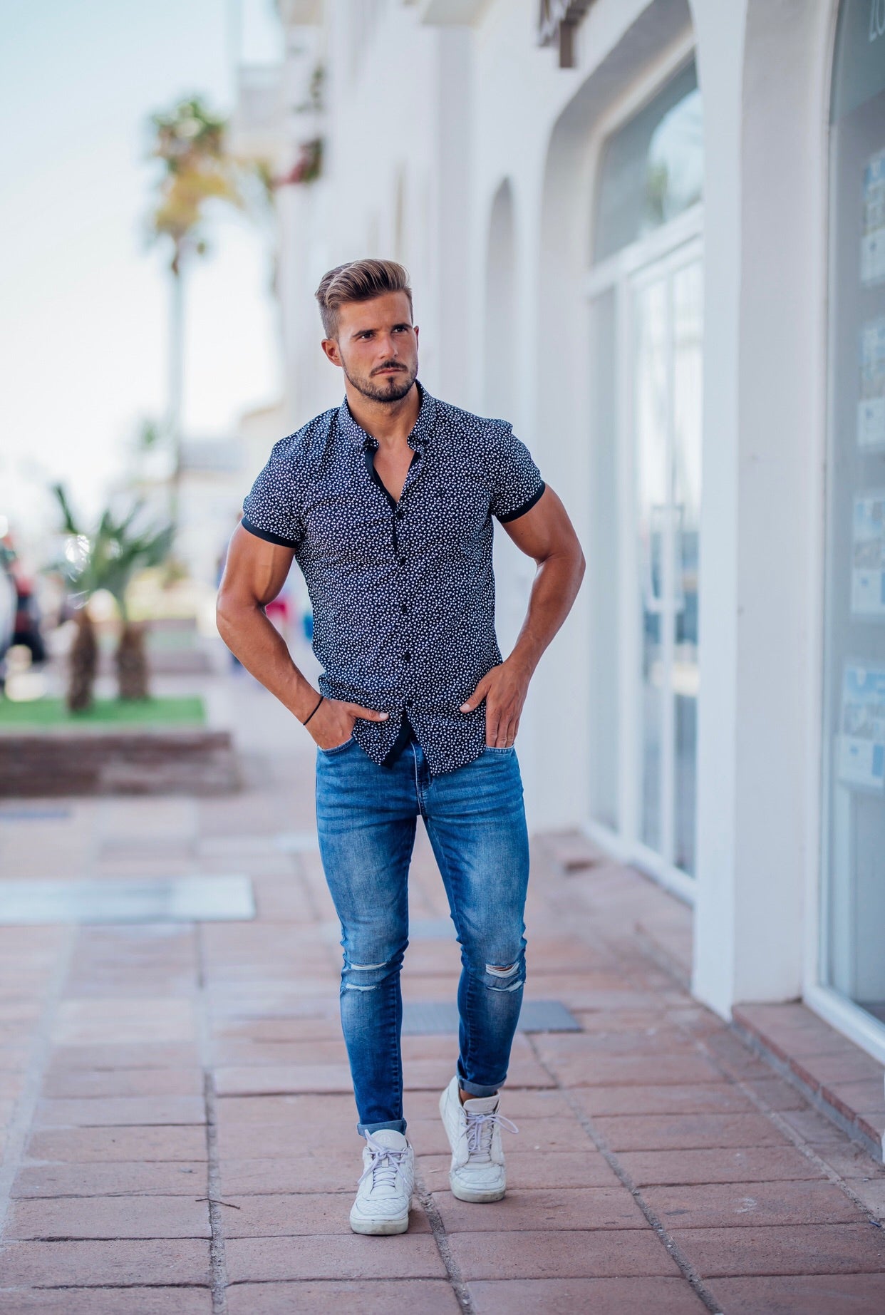Super Slim Stretch Black & White Dandy Print Short Sleeve FS416