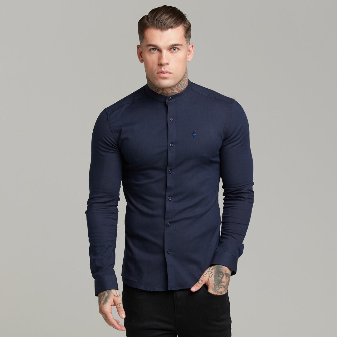 Super Slim Stretch Grandad Collar Classic Navy Oxford Long Sleeve - FS583