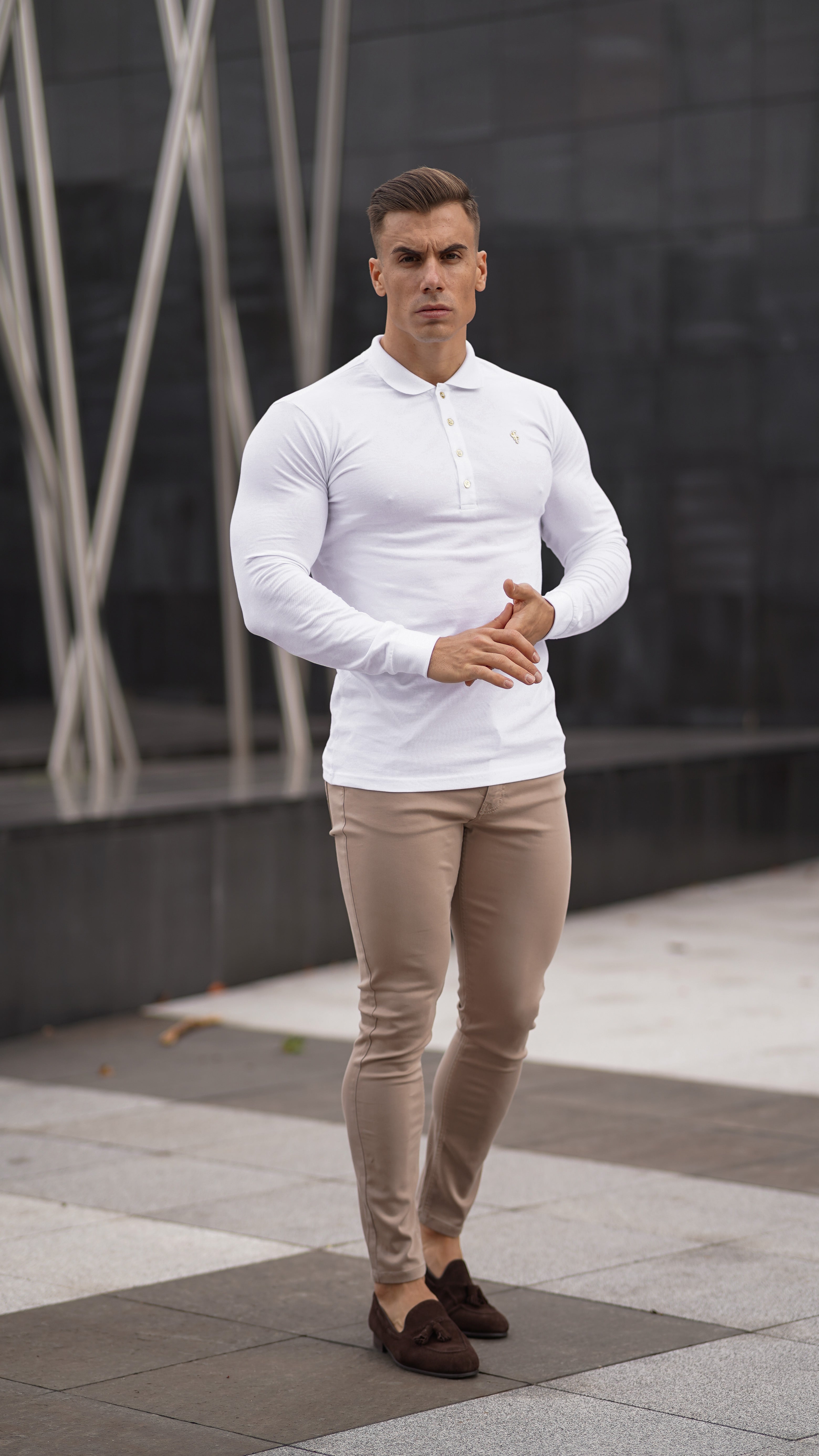 Classic White Long Sleeve Polo Shirt with Gold Metal Emblem Decal & Buttons - FSH515