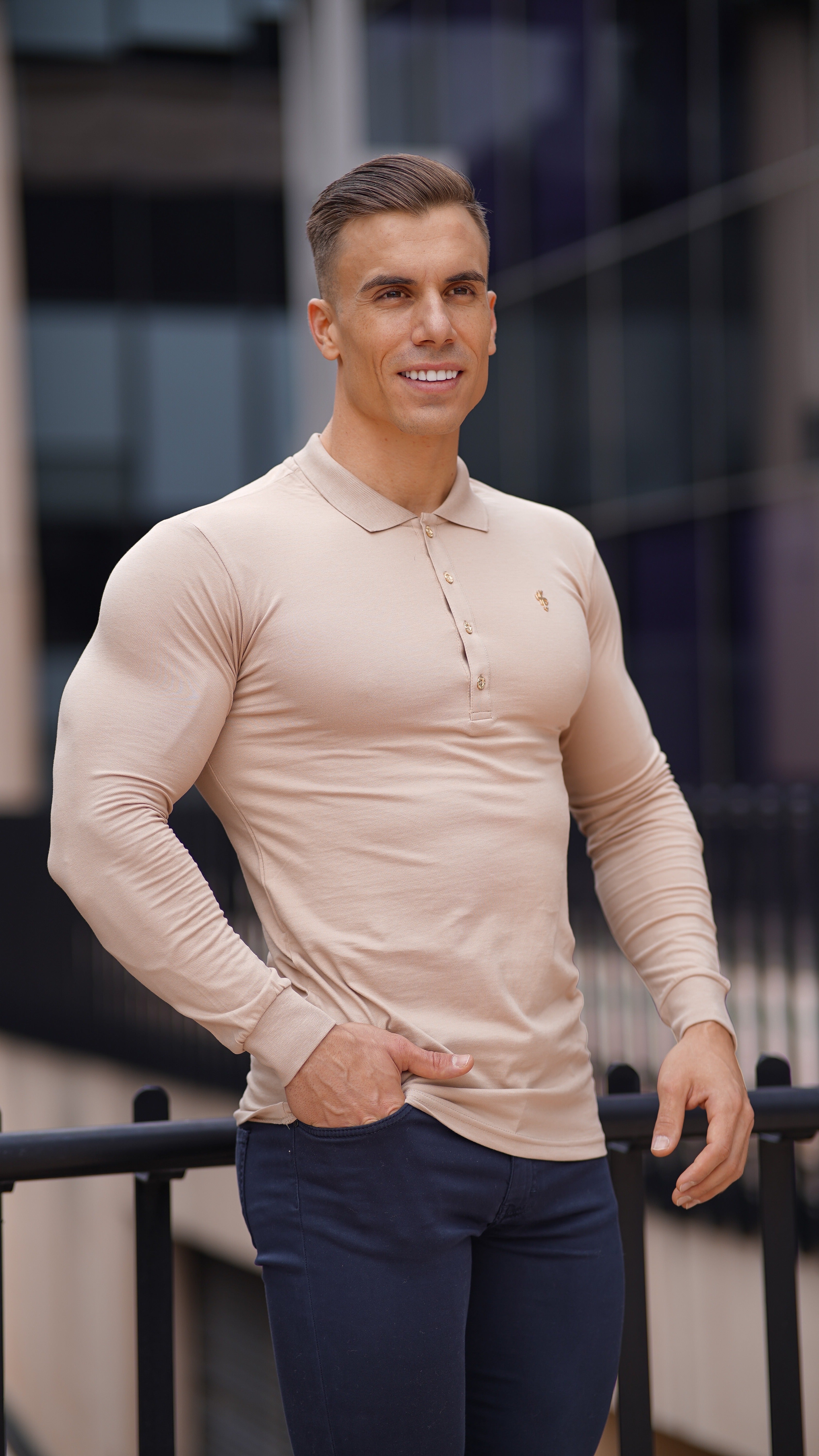 Classic Beige Long Polo Shirt with Gold Metal Emblem Decal & Buttons - FSH518