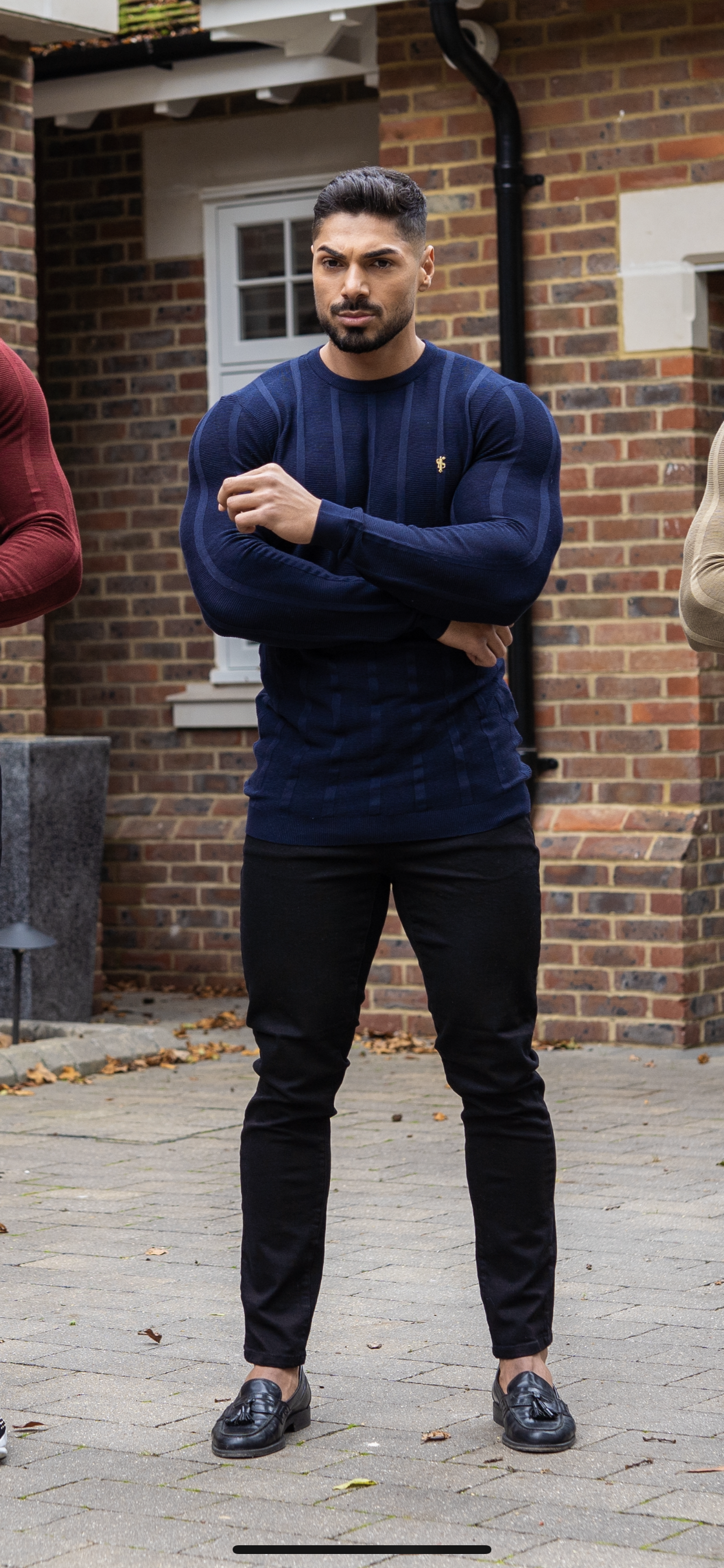 Classic Long Sleeve Navy Knitted Wide Rib Crew with Gold Emblem - FSH605