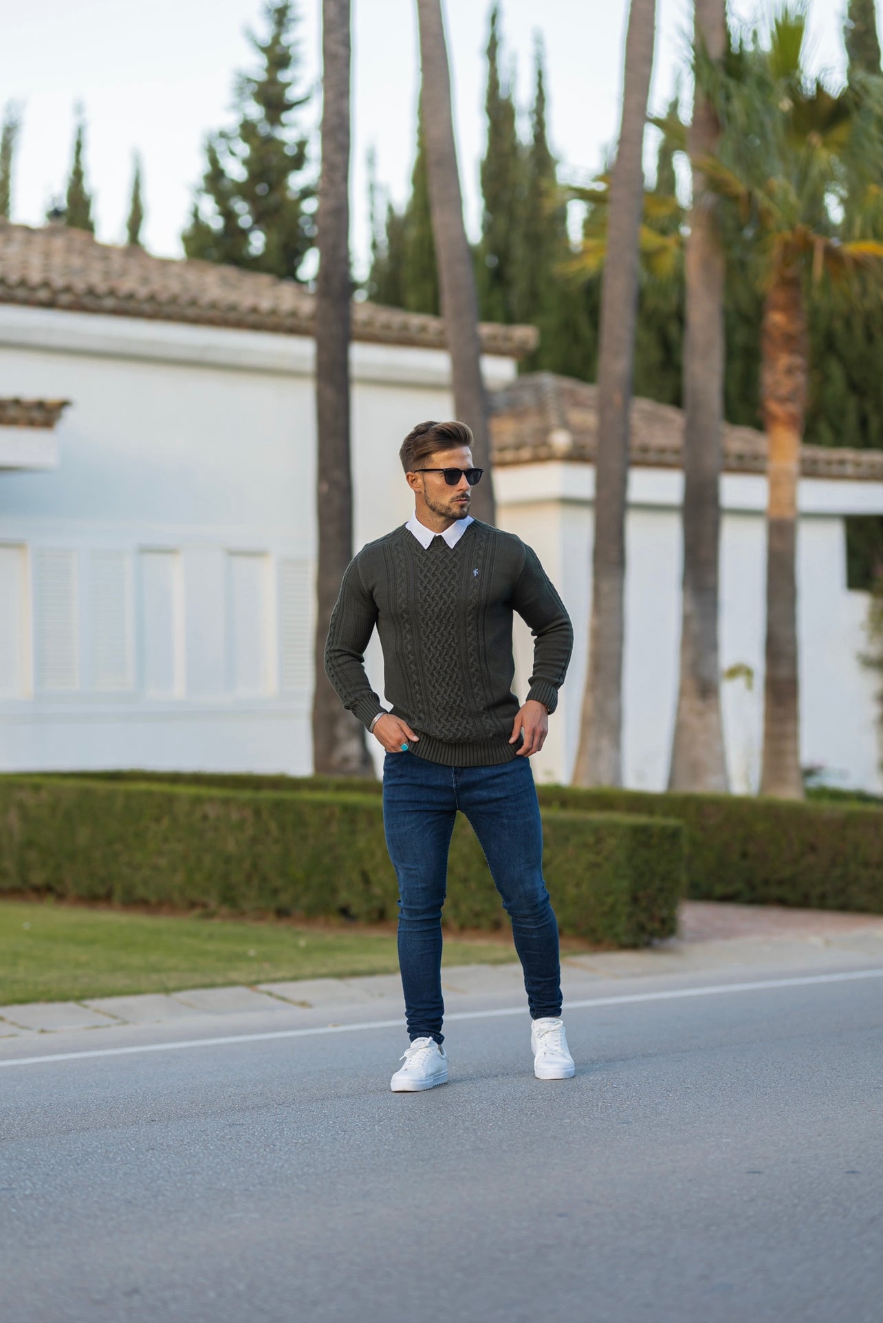 Khaki Knitted Cable Saddle Crew Super Slim Jumper With Metal Decal - FSN078