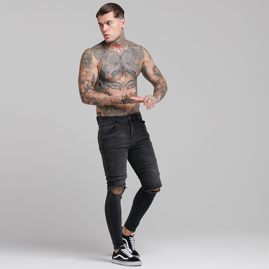 Stretch Washed Black Ripped Tapered Ankle Skinny Jeans - FSH227
