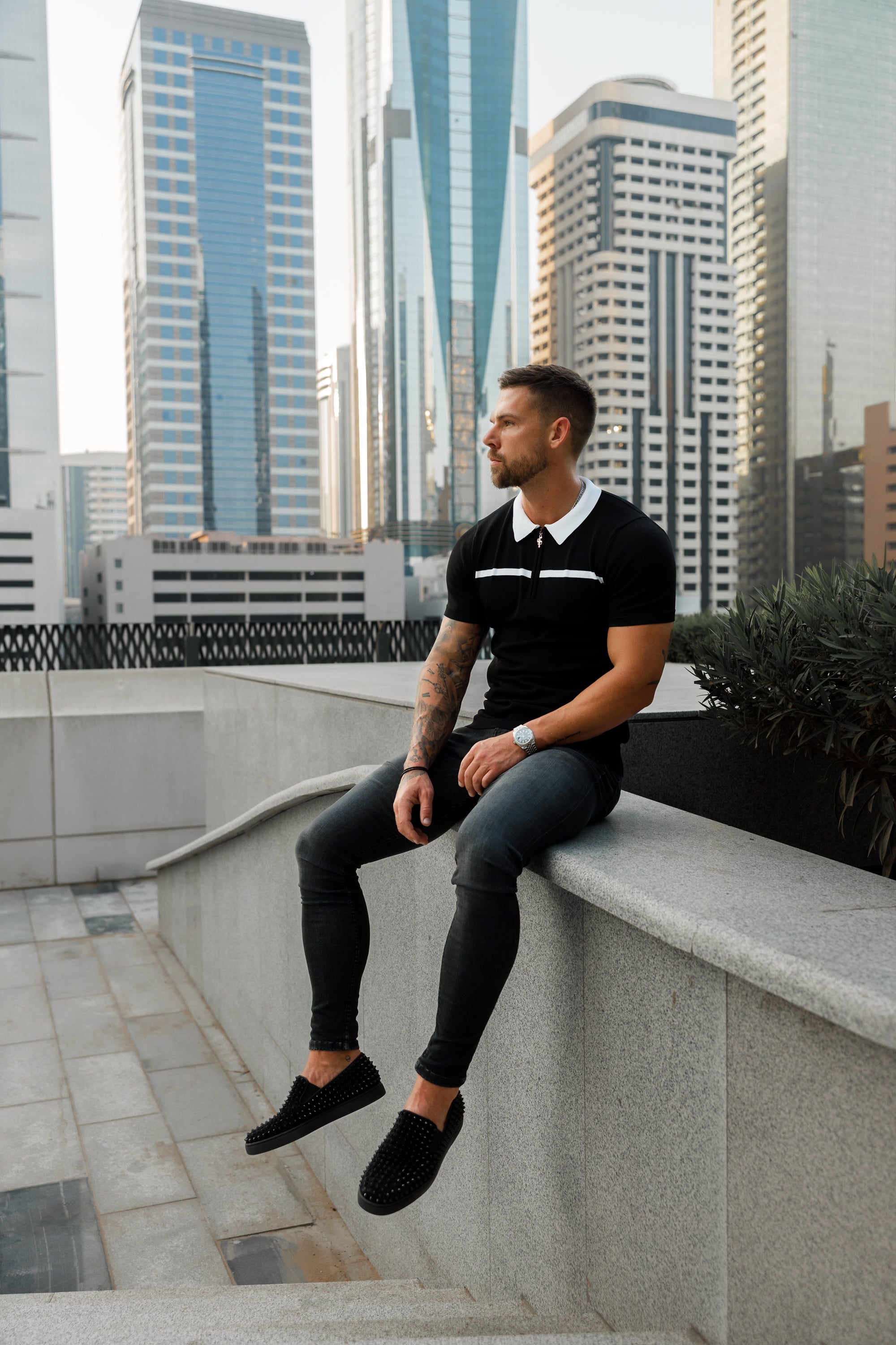 Classic Black / White Horizontal Stripe Zipped Polo Short Sleeve - FSN038