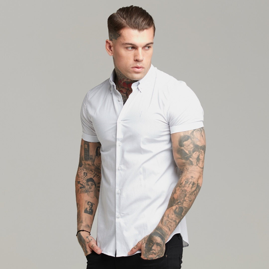 Classic White and Navy Print Short Sleeve Button Down - FS605 (LAST CHANCE)