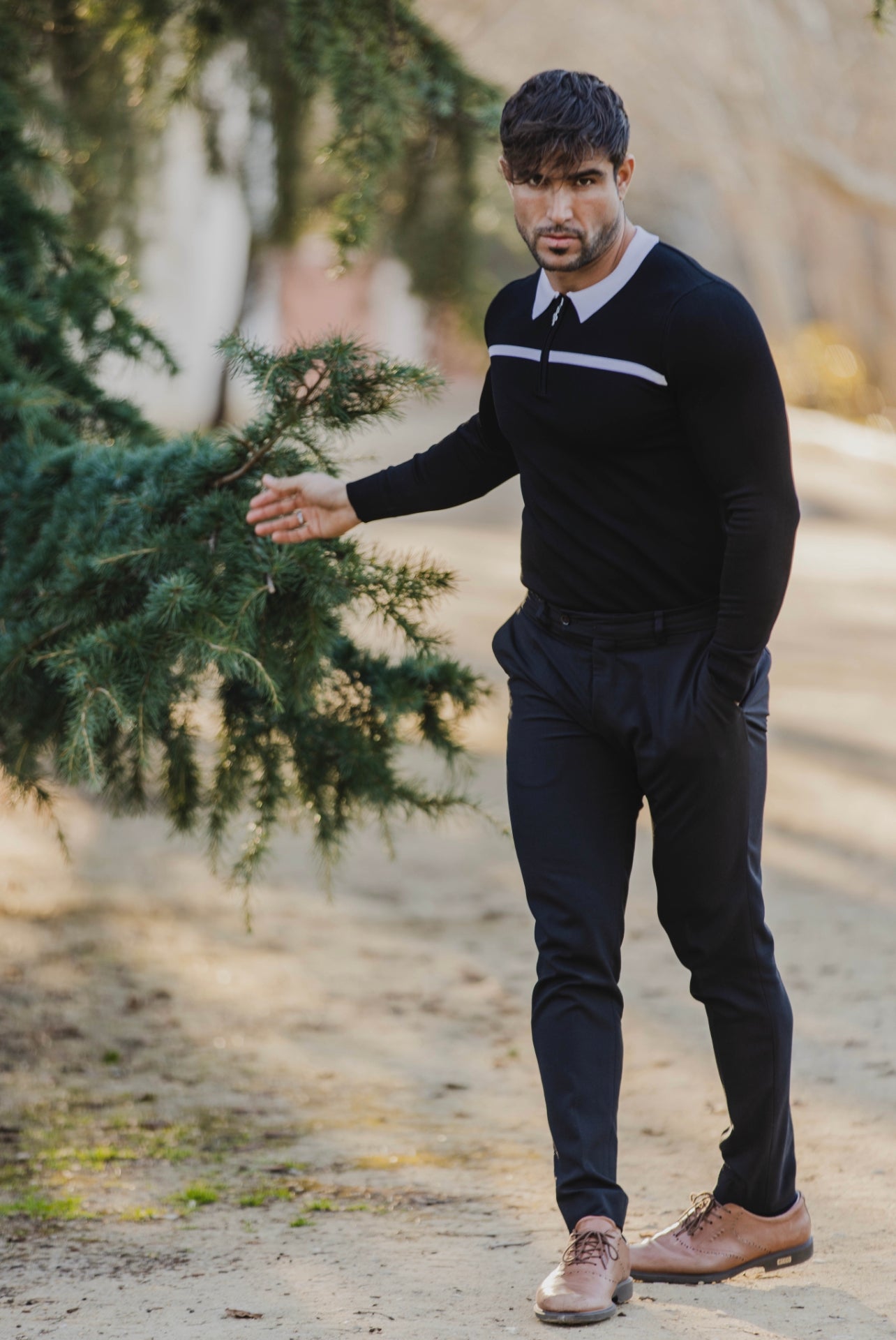 Classic Black / White Horizontal Stripe Zipped Polo Long Sleeve - FSN047