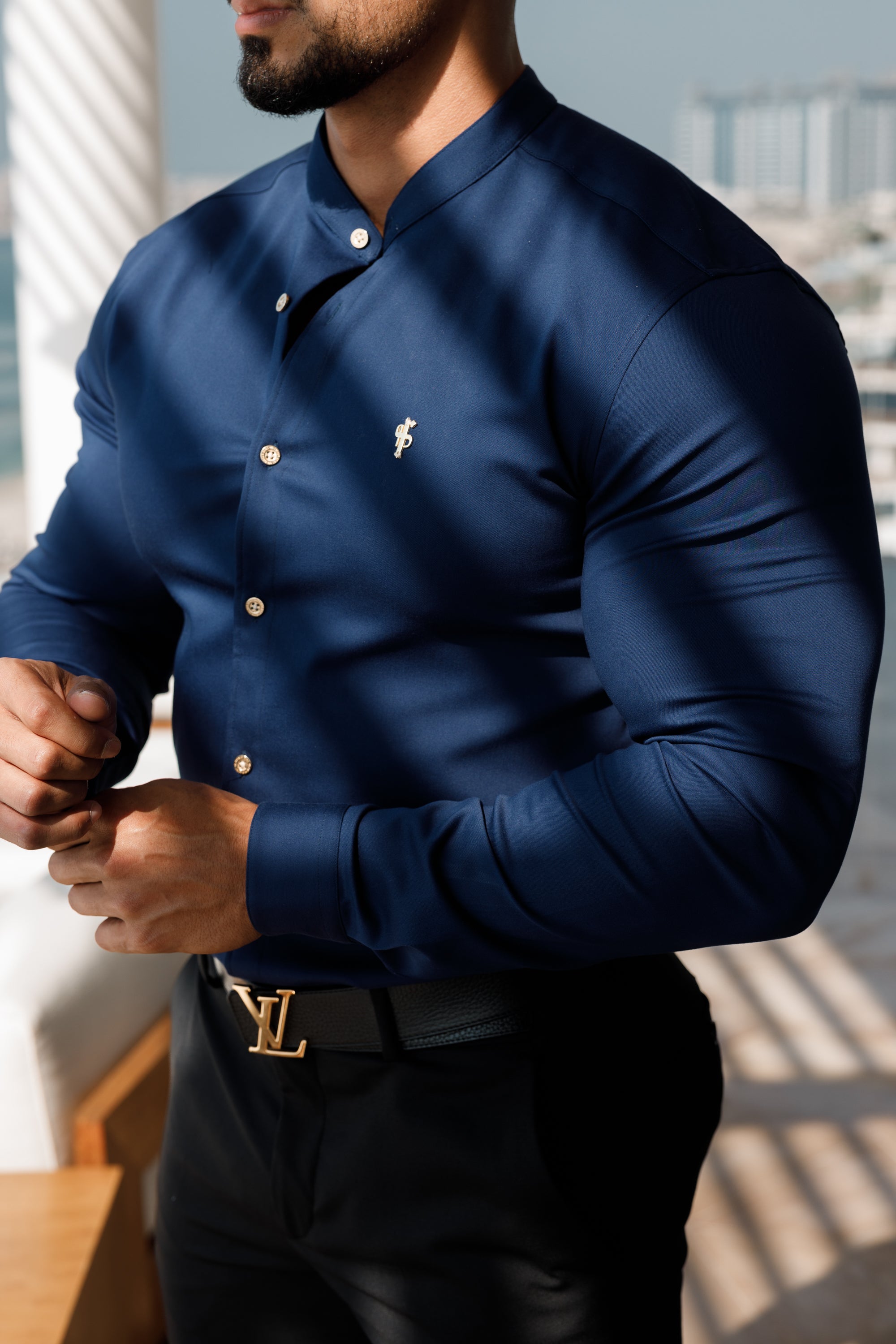 Super Slim Stretch Navy Denim Long Sleeve Grandad collar with Metal Buttons and Decal Emblem - FS713