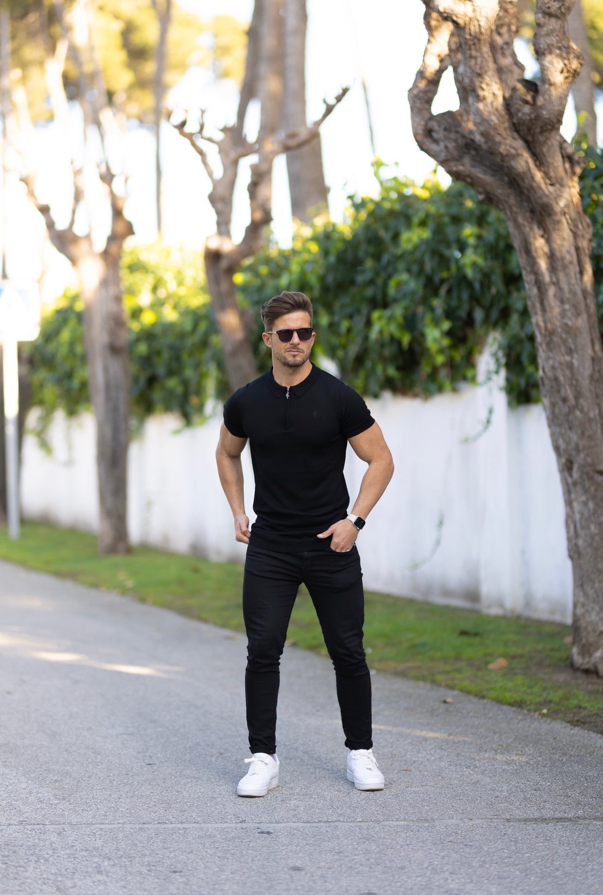 Classic Black Merino Wool Knitted Zip Polo Short Sleeve Jumper With FS Embroidery- FSN023