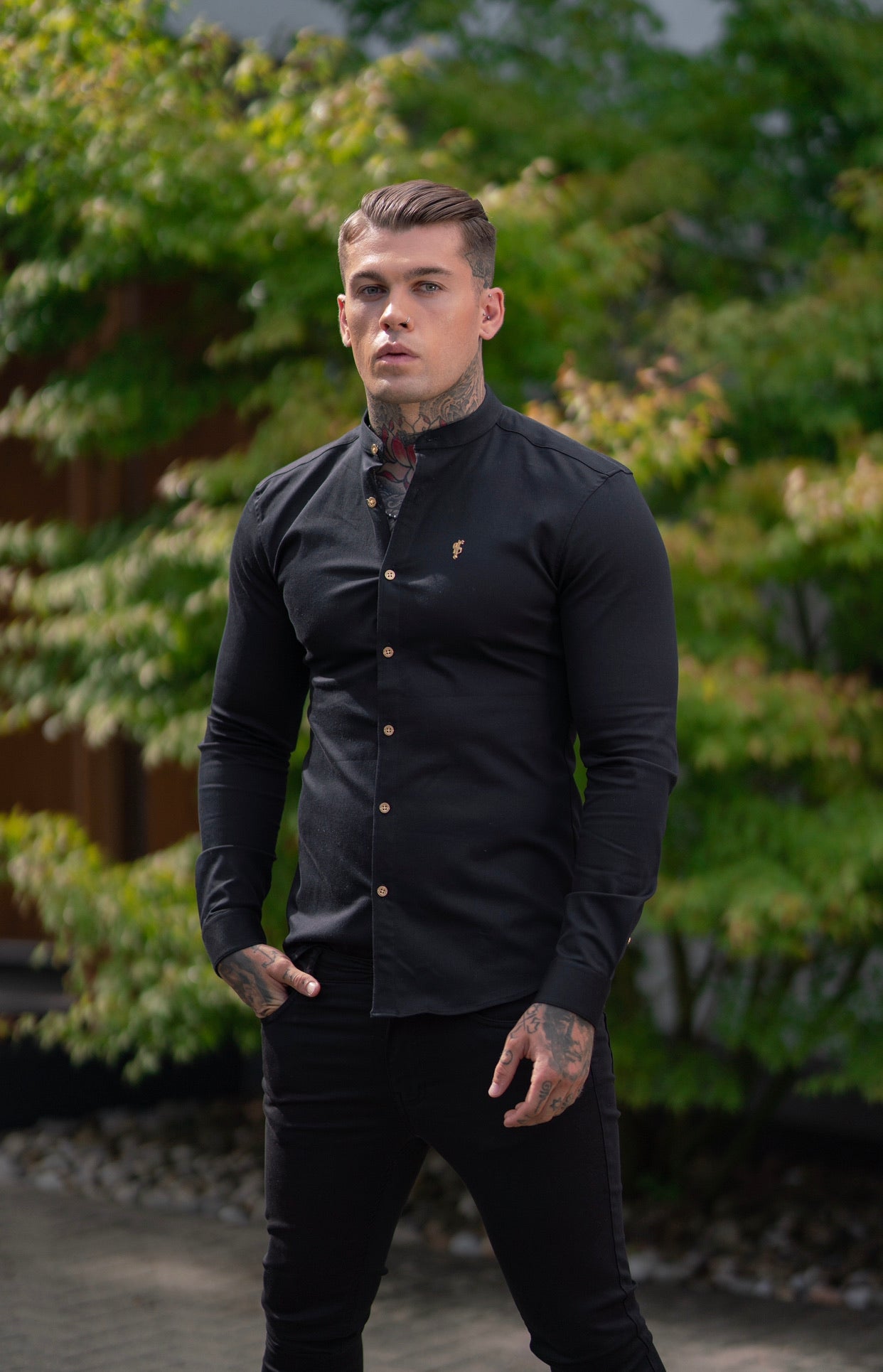 Super Slim Stretch Black Denim Long Sleeve Grandad collar with Metal Buttons and Decal Emblem - FS707