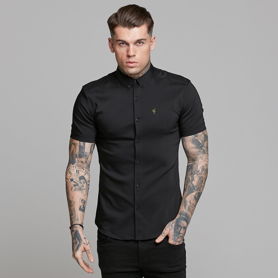 Super Slim Ultra Stretch Classic Black Short Sleeve (Khaki Embroidery) - FS481
