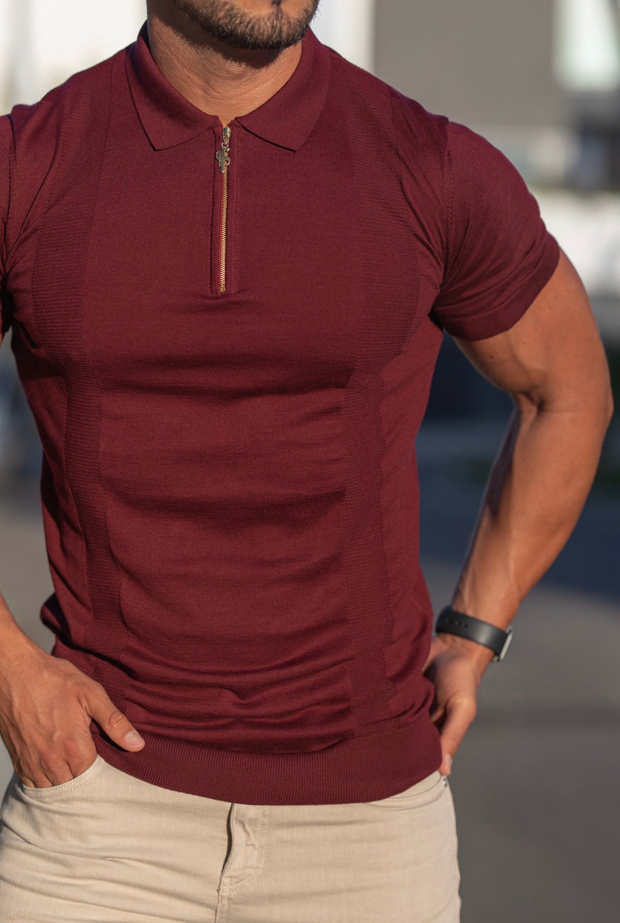 Classic Fig Burgundy and Gold Zip Knitted Short Sleeve Polo - FSH466