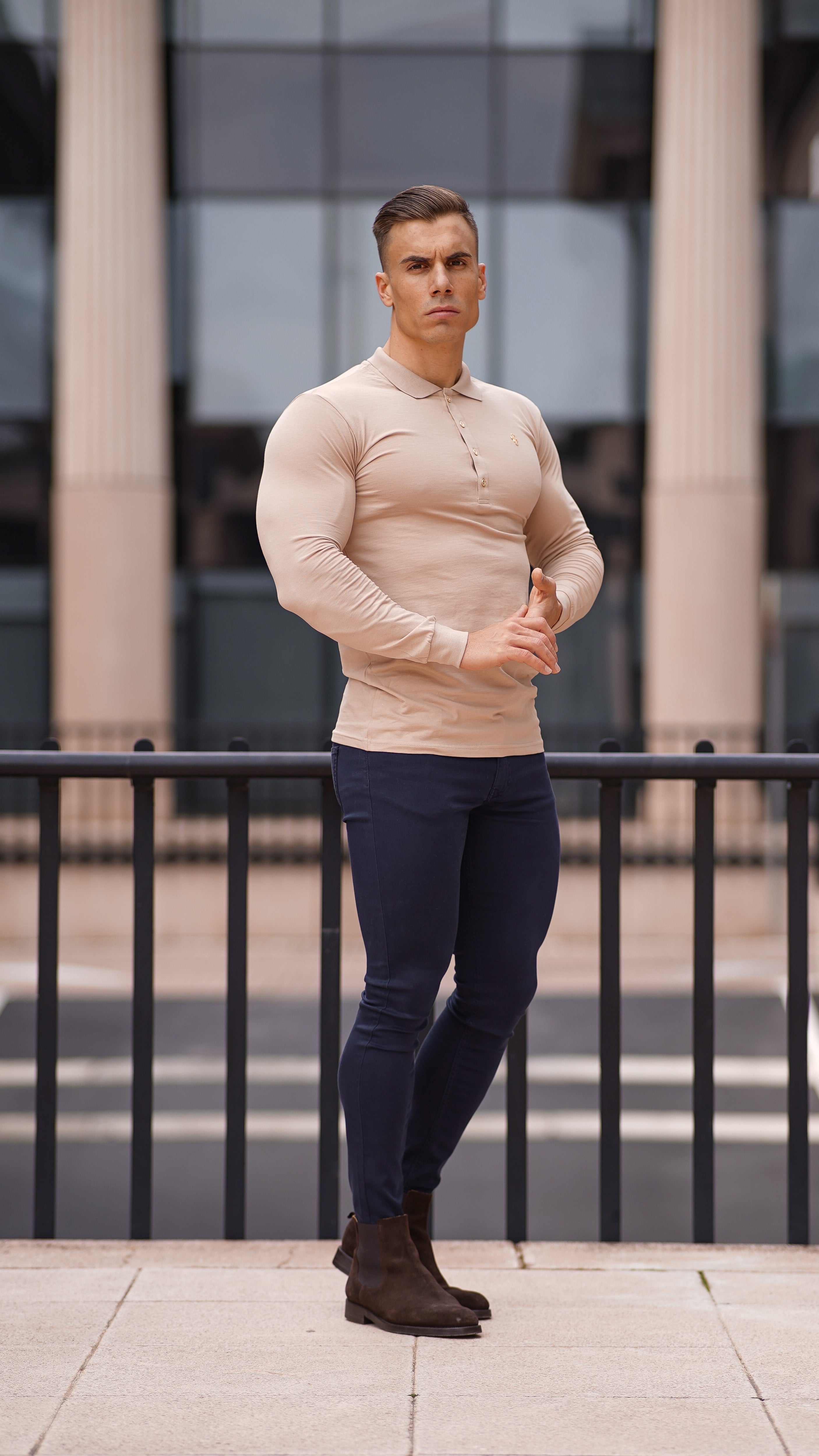 Classic Beige Long Polo Shirt with Gold Metal Emblem Decal & Buttons - FSH518