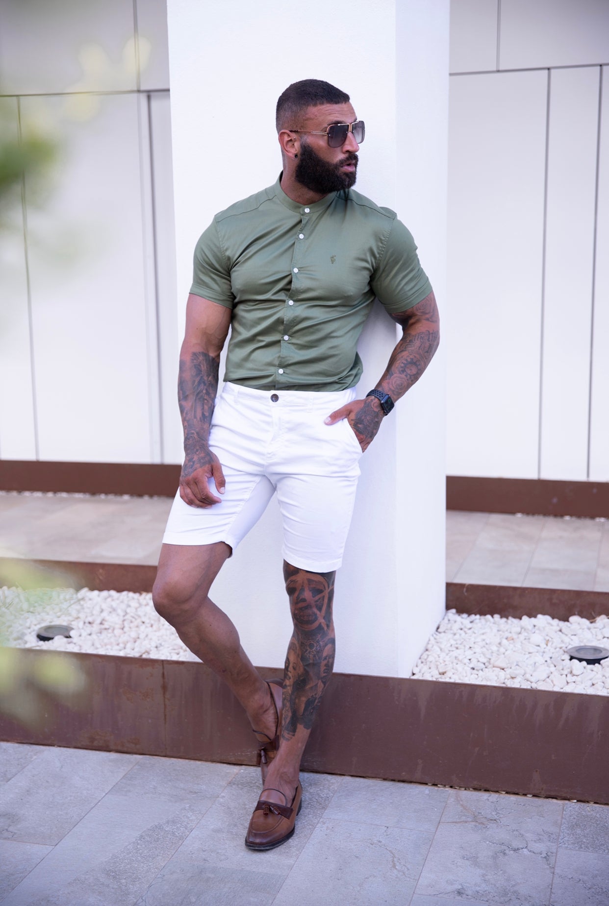 Super Slim Luxe Ultra Stretch Khaki Short Sleeve with Grandad Collar - FS781